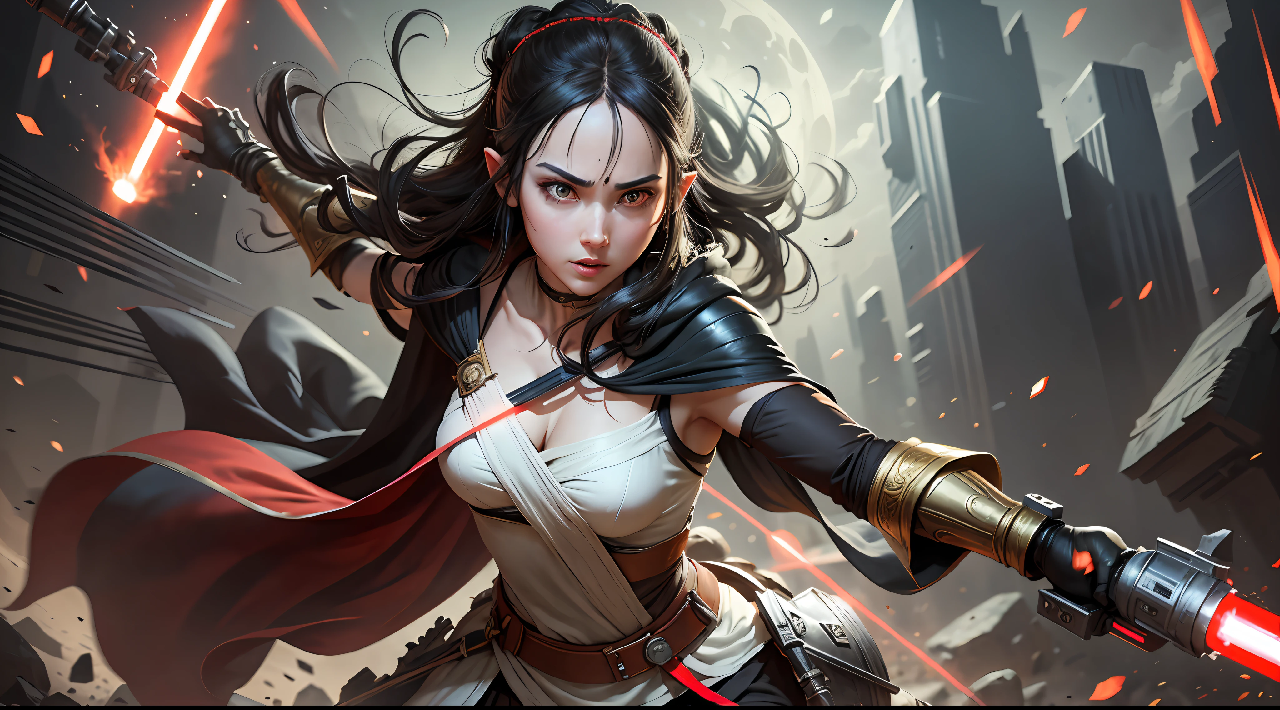 A full-body shot of Princess Zelda, black hair, red eyes, dressed as Rey Skywalker, 30 years old, mature, XL bust, gripping a red light saber in both hands, wearing a black cloak with red details, fighting, in a battle stance, Background: Inside the death star space station, Unreal Engine 5, Anime, Anime style, Masterpiece, Well drawn eyes, well drawn face, well detailed eyes, well detailed face, 8k, light and shadow effect.