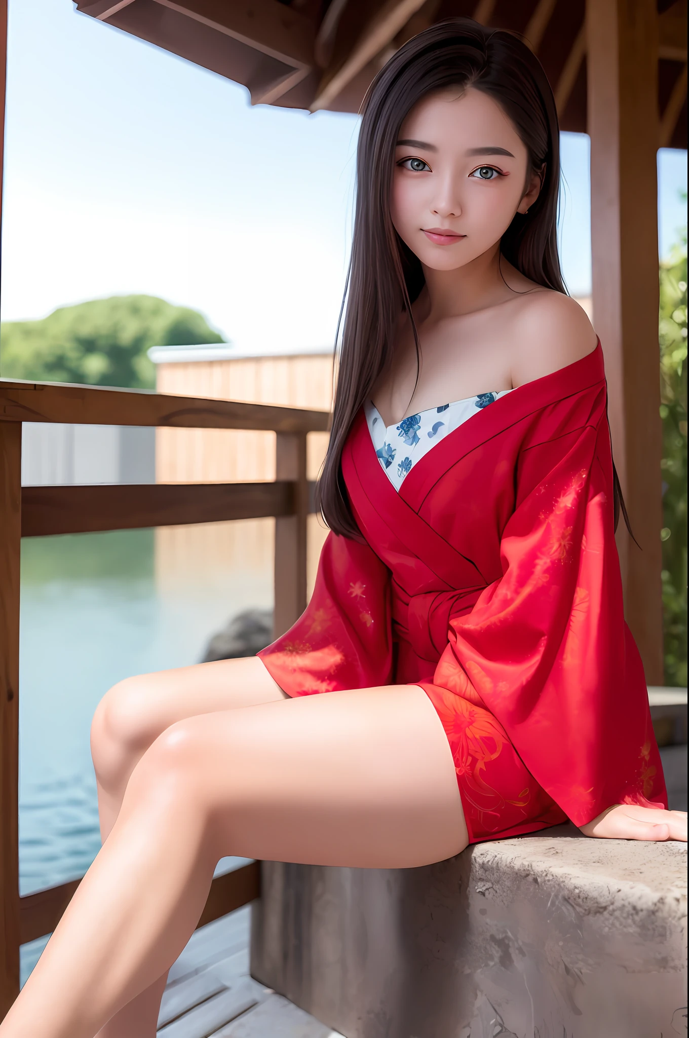 ((masterpiece, top quality, super definition, high definition)), solo, beautiful girl, shining eyes, perfect eyes, 19 years old, red theme, yukata, fireworks