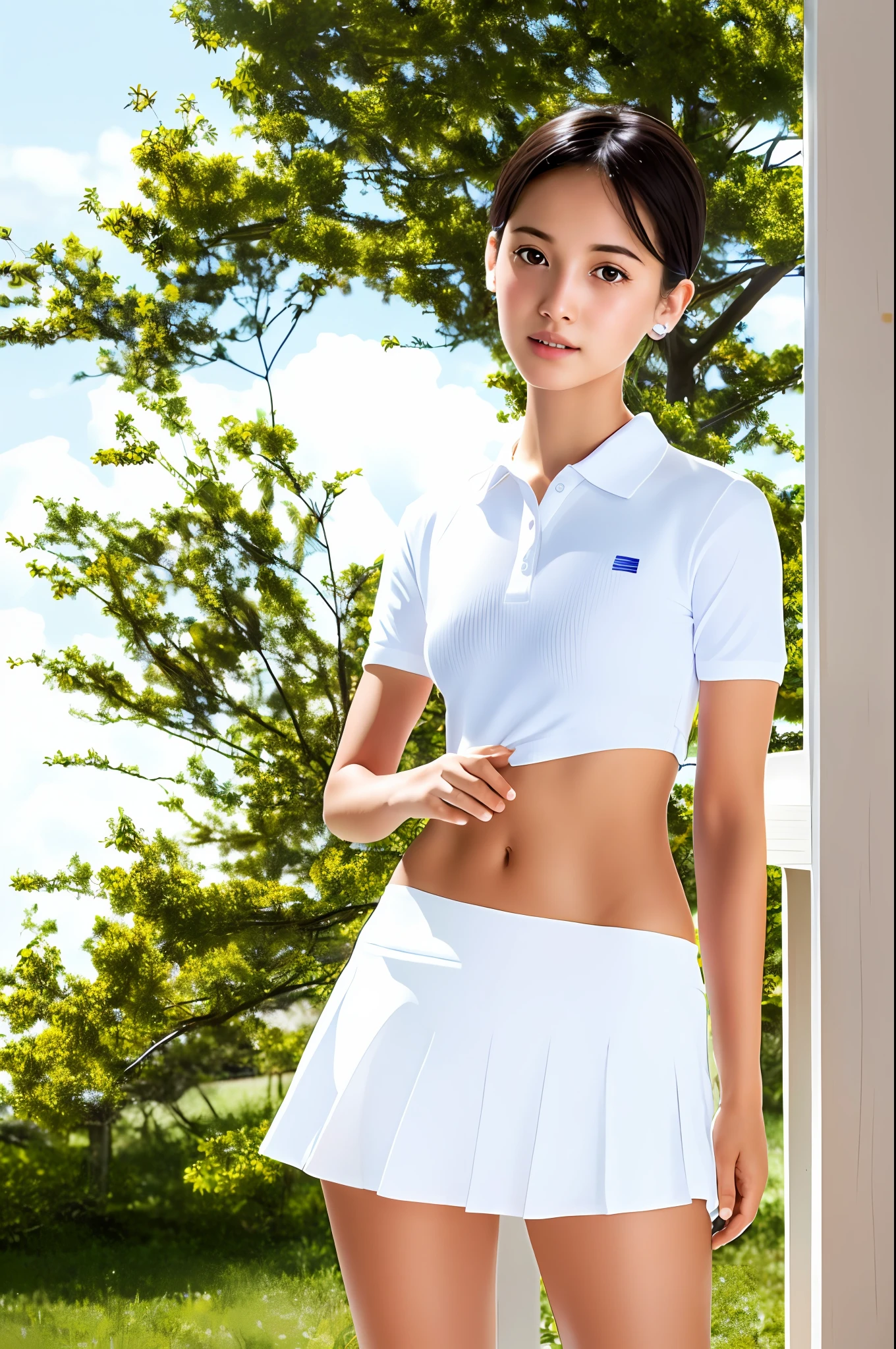 1girl, solo, white polo shirt, white sneakers, tennis wear, white miniskirt, masterpiece, best quality, realistic, hyper-detailed, (shiny skin, sweaty:1.4), absurd, looking at viewer, short black hair, brown eyes, slender, dynamic lighting, high resolution, sharp focus, depth of field, detailed eyes, sharp pupils, realistic pupils, (small breasts:1.6), (thick thighs:1.0), outdoor, sky