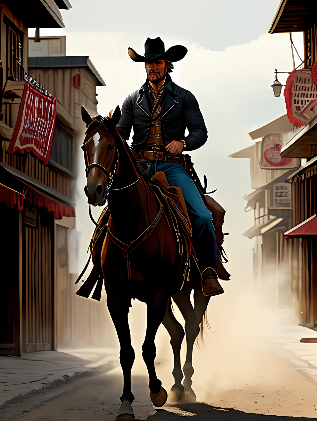 A horse riding cowboy in the street of wild west town, American frontier, in the style of Clint Eastwood, character of (man with no name), dark brown horse, action theme, 18th century culture, highly detailed, hyper realistic, photorealistic, perfect lighting, chiaroscuro effect, volumetric lighting, 8k resolution