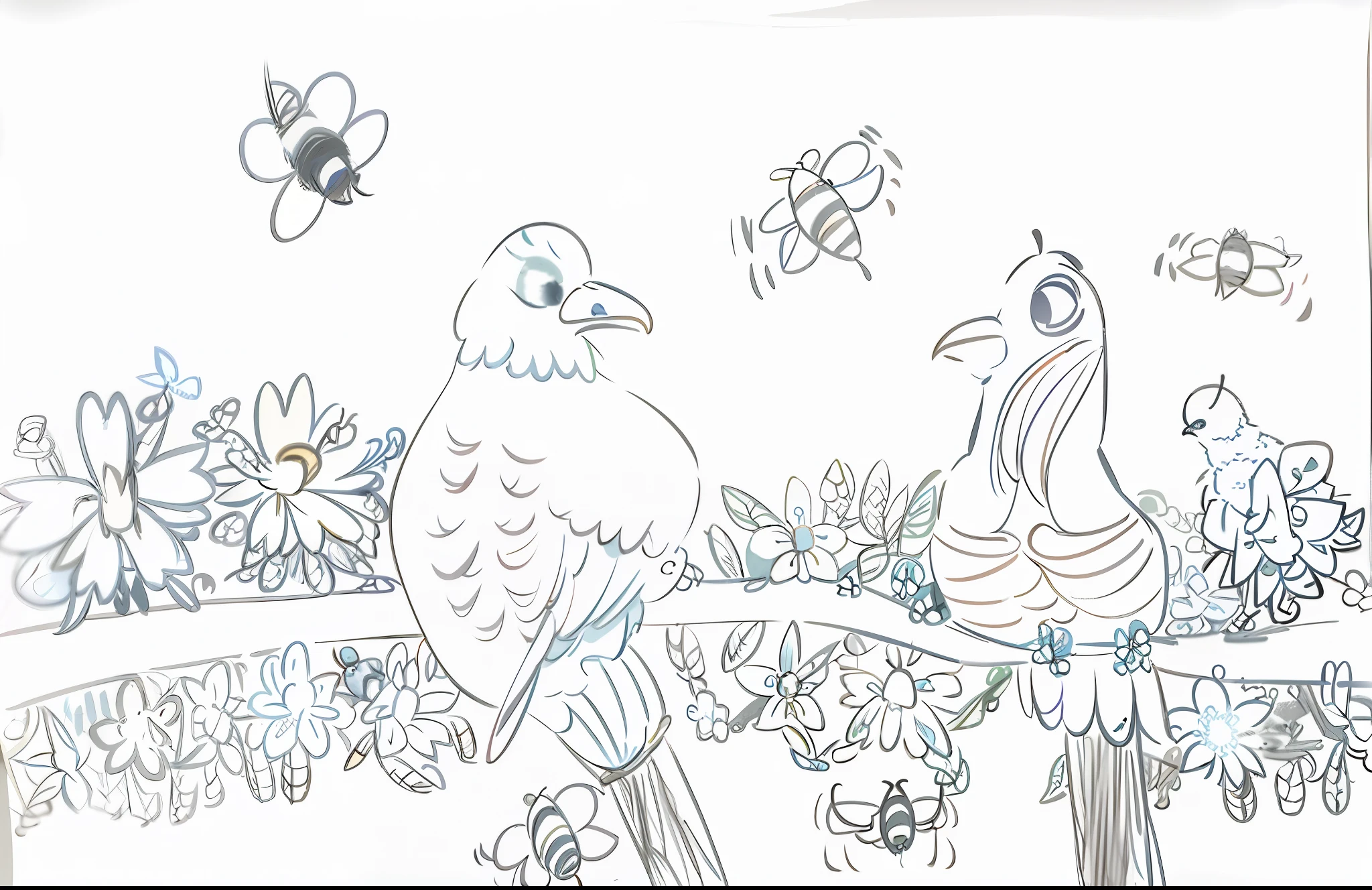 Drawing a bird and a bee with flowers on a branch, inspired by Jan van Kessel Jr., children's book painting, inspired by old Jan van Kessel, wildlife painting, insects and birds, children's book painting, animated stills, line drawing, children's drawing, birds, drawing