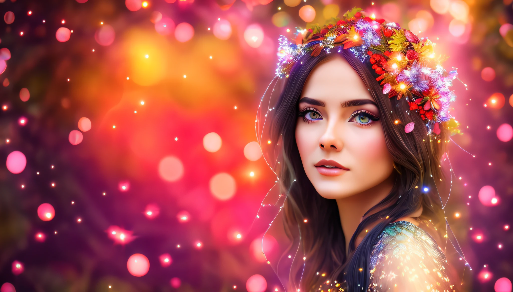 Beautiful Caucasian woman, wreath on head, forest background with glittering fireflies. realistic, 3D photography