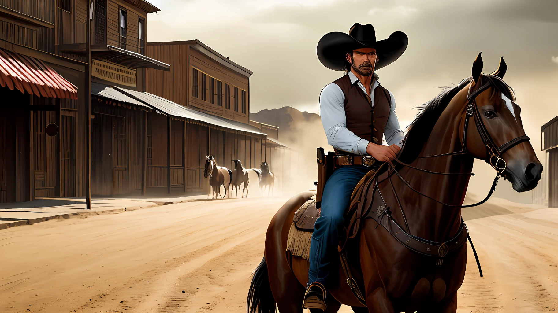 A horse riding cowboy in the street of wild west town, American frontier, in the style of Clint Eastwood, character of (man with no name), dark brown horse, action theme, 18th century culture, highly detailed, hyper realistic, photorealistic, perfect lighting, chiaroscuro effect, volumetric lighting, 8k resolution