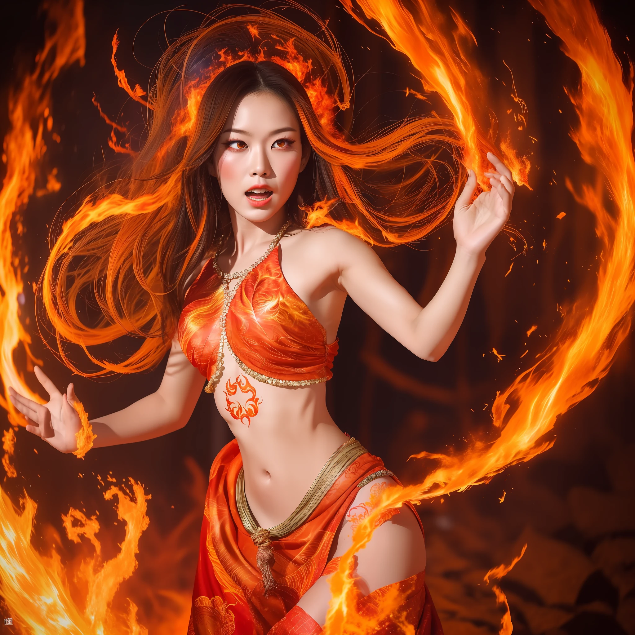 Artwork depicting fire spirits evokes a sense of vitality and passion. The body of the Fire Spirit is enveloped in red and orange flames, giving the impression that it is in a raging flame. The silhouette is blurred by the dance of flames, and the beauty of a woman emits a mysterious glow. There is depth in her expression, and you can see the passion hidden in her. This work embodies the strength and heat of the Fire Spirit and conveys its intense energy to the viewer, interweaving photorealistic with Zentangle and Mandala, masterpiece, highest quality, ultra-detail, HDR, 8K