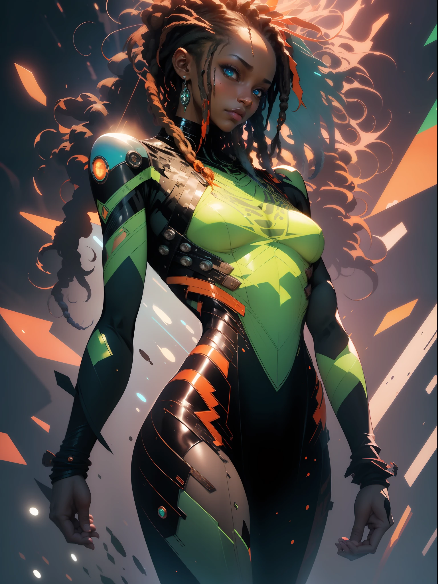 ((Best quality)), ((masterpiece)), (detailed: 1.4), (Absurd), Zulu warrior, very thin, black skin , Clothing with spectacular tribal designs, explosion of colors, cosmic tattoo, nebulous, muscular sculptural body defined, whole body, half thick naked thighs, closed mouth, body covered by technological clothing, Neon Genesis Evangelion style, cyberpunk, generous neckline, ((perfect medium breasts)), (super light blue eyes), ((totally dark green and orange clothing)), (((hair with dreadlocks)))), long eyelashes and black heavy makeup, various African jewelry, garter belt made with barbed wire, by mucha, niji --V5, close to real, psychopath, crazy face, sexy pose, fractal background, 2 pieces clothing, pastel, centered, scale to fit dimensions, HDR (High Dynamic Range),Ray Tracing,NVIDIA RTX,Super-Resolution,Unreal 5,Subsurface dispersion, PBR Texture, Post-processing, Anisotropic filtering, Depth of field, Maximum clarity and sharpness, Multilayer textures, Albedo and specular maps, Surface shading, Accurate simulation of light-material interaction, Perfect proportions, Octane Render, Two-tone lighting, Wide aperture, Low ISO, White balance, Rule of thirds, 8K RAW, crysisnanosuit