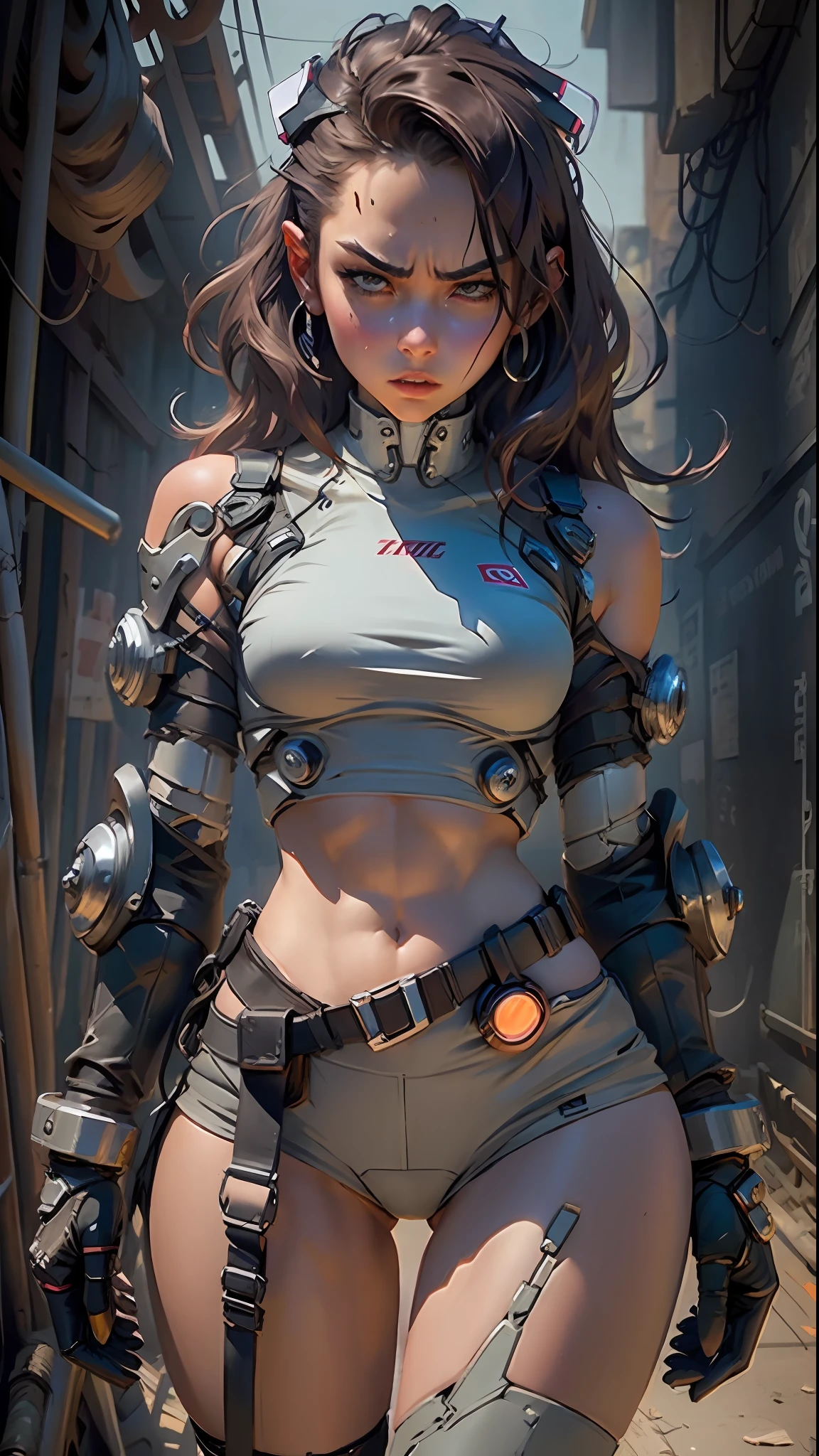Beautiful woman look angry, short underwear, thick thighs defined body cybernetic prosthesis