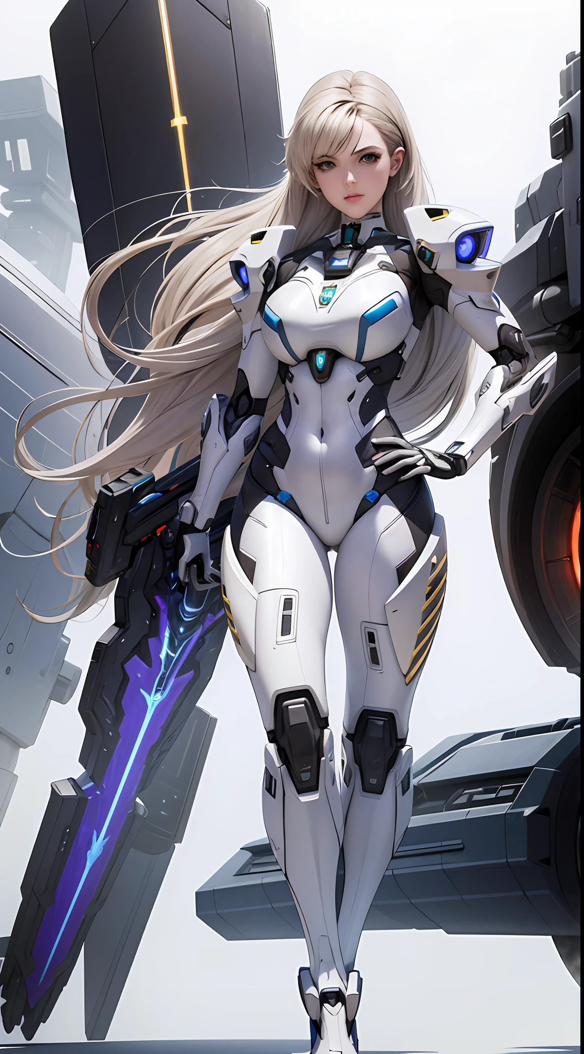 a woman in a futuristic suit with a sword,full-size photograph,Long legs, Slightly chubby,navel,Transparent skin,Perfect body shape,art feminine, Macro distance,mechanized valkyrie girl, ferra white mecha, girl in mecha cyber armor, female mecha, extremely detailed artgerm, echo from overwatch, gorgeous female paladin,Advanced Rendering,depth of field