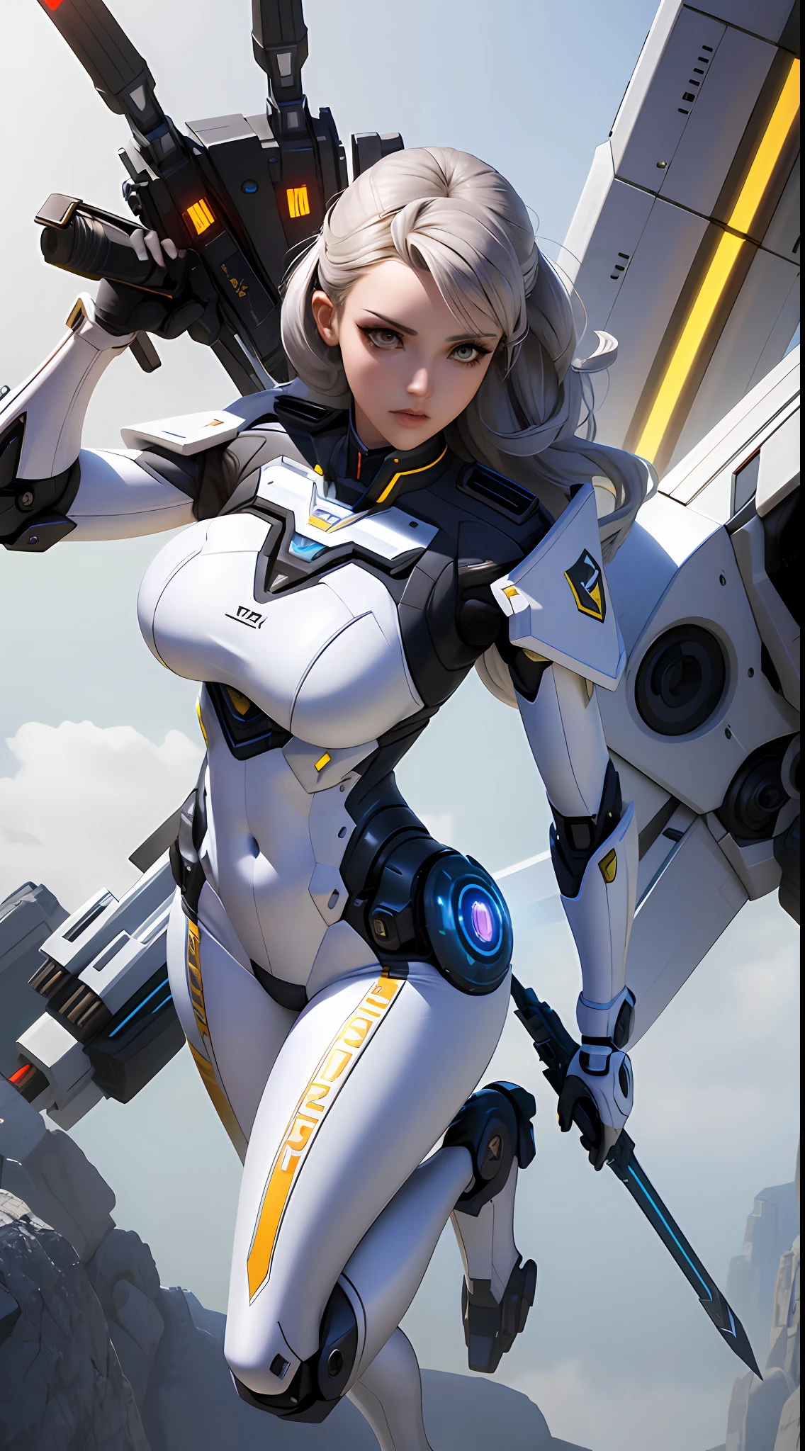 a woman in a futuristic suit with a sword,full-size photograph,Long legs, Slightly chubby,navel,Transparent skin,Perfect body shape,art feminine, Macro distance,mechanized valkyrie girl, ferra white mecha, girl in mecha cyber armor, female mecha, extremely detailed artgerm, echo from overwatch, gorgeous female paladin,Advanced Rendering,depth of field