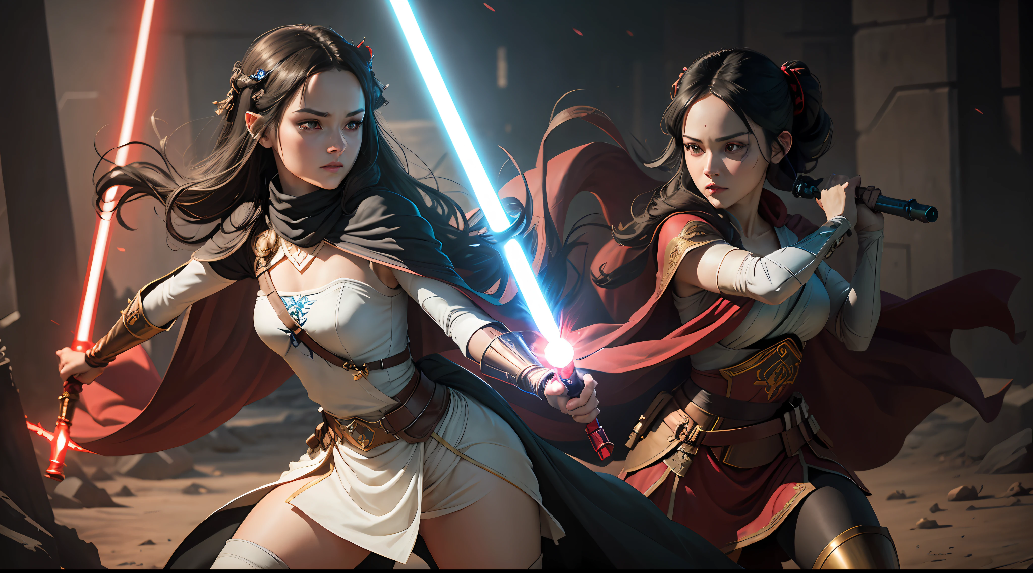 A full-body shot of Princess Zelda, black hair, red eyes, dressed as Rey Skywalker, 30 years old, mature, XL bust, gripping a one red light saber in only one hand, wearing a black cloak with red details, fighting, in a battle stance, Background: Inside the death star space station, Unreal Engine 5, Anime, Anime style, Masterpiece, Well drawn eyes, well drawn face, well detailed eyes, well detailed face, 8k, light and shadow effect.