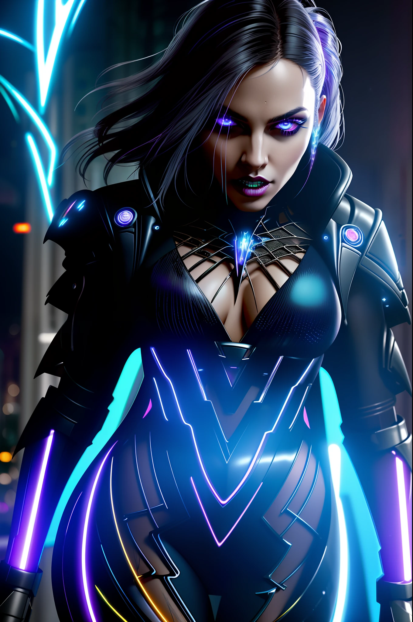 (closeup:1.2), woman, centered, witch, dark, (huge moon, symmetric full moon:1.1), (wearing Cyberpunk transparent clothing:1.2), glossy, see-through clothes, vivid vibrant glowing neon toxic colors, triadic colors, glowing blue eyes, detailed pupils, glowing eyes, open mouth, teeth, cuspids, sharp teeth, wearing industrial goth clothes, neon lights, glowing colors, backlight, glowing contours, outline, gold highlights, spiderwebs, dripping blood, elegant, fit, fashion, biomechanical, lightning bolts at background, storm, tornado, disney artwork, unreal engine, artstation, detailed, digital painting, cinematic, unreal 5, daz, (hyperrealistic), octane render,