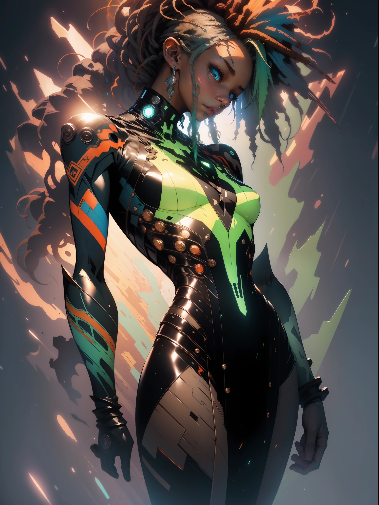((Best quality)), ((masterpiece)), (detailed: 1.4), (Absurd), Zulu warrior, very thin, black skin , Clothing with spectacular tribal designs, explosion of colors, cosmic tattoo, nebulous, muscular sculptural body defined, whole body, half thick naked thighs, closed mouth, body covered by technological clothing, Neon Genesis Evangelion style, cyberpunk, generous neckline, ((perfect medium breasts)), (super light blue eyes), ((totally dark green and orange clothing)), (((hair with dreadlocks)))), long eyelashes and black heavy makeup, various African jewelry, garter belt made with barbed wire, by mucha, niji --V5, close to real, psychopath, crazy face, sexy pose, fractal background, 2 pieces clothing, pastel, centered, scale to fit dimensions, HDR (High Dynamic Range),Ray Tracing,NVIDIA RTX,Super-Resolution,Unreal 5,Subsurface dispersion, PBR Texture, Post-processing, Anisotropic filtering, Depth of field, Maximum clarity and sharpness, Multilayer textures, Albedo and specular maps, Surface shading, Accurate simulation of light-material interaction, Perfect proportions, Octane Render, Two-tone lighting, Wide aperture, Low ISO, White balance, Rule of thirds, 8K RAW, crysisnanosuit