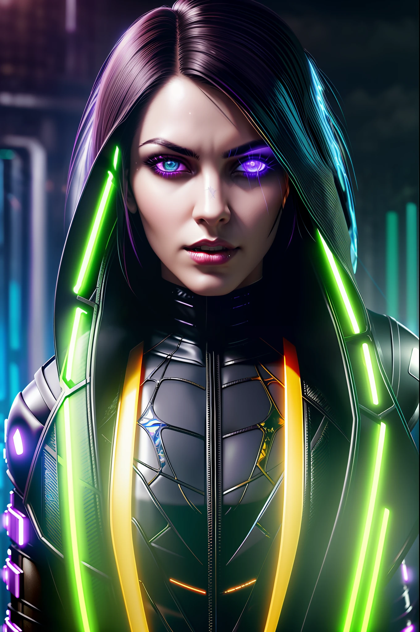 (closeup:1.2),  woman, centered, witch, dark, (huge moon, symmetric full moon:1.1), (wearing Cyberpunk transparent clothing:1.2), glossy, see-through clothes, vivid vibrant glowing neon toxic colors, triadic colors, glowing blue eyes, detailed pupils, glowing eyes, open mouth, teeth, cuspids, sharp teeth, wearing industrial goth clothes, neon lights, glowing colors, backlight, glowing contours, outline, gold highlights, spiderwebs, dripping blood, elegant, fit, fashion, biomechanical, lightning bolts at background, storm, tornado, disney artwork, unreal engine, artstation, detailed, digital painting, cinematic, unreal 5, daz, (hyperrealistic), octane render,