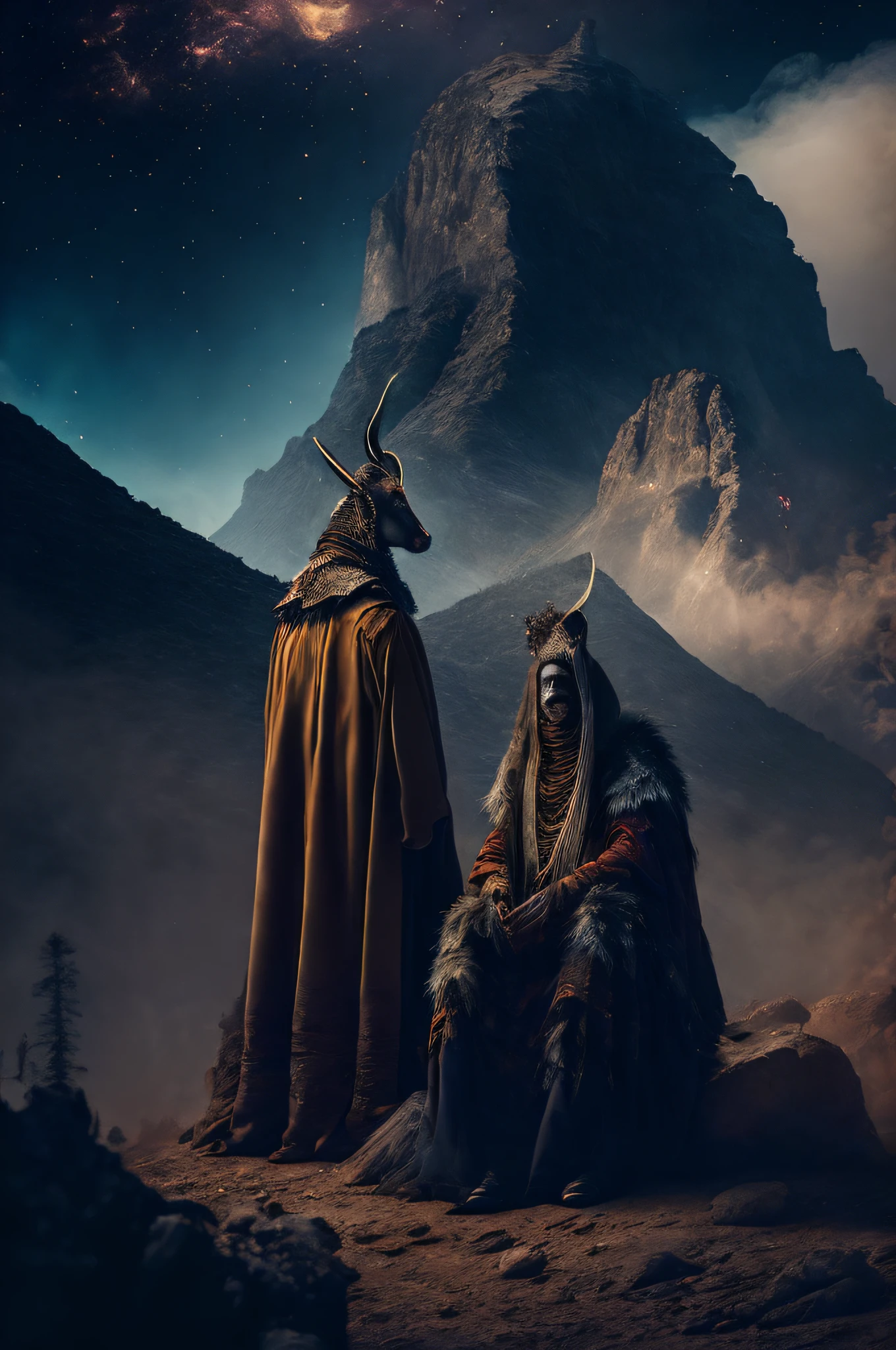 The scene is atmospheric and open, ancient sacrificial pictures, smoky and full of smoke, animals in human clothes meditating, detailed clothing details, detailed clothing light, faint and faint, detailed animal hair glowing sense, cumbersome and complex picture feeling, (full of weird and mysterious pictures), the background is hazy open and weird mountains, complex mountains, photorealistic, 8k,