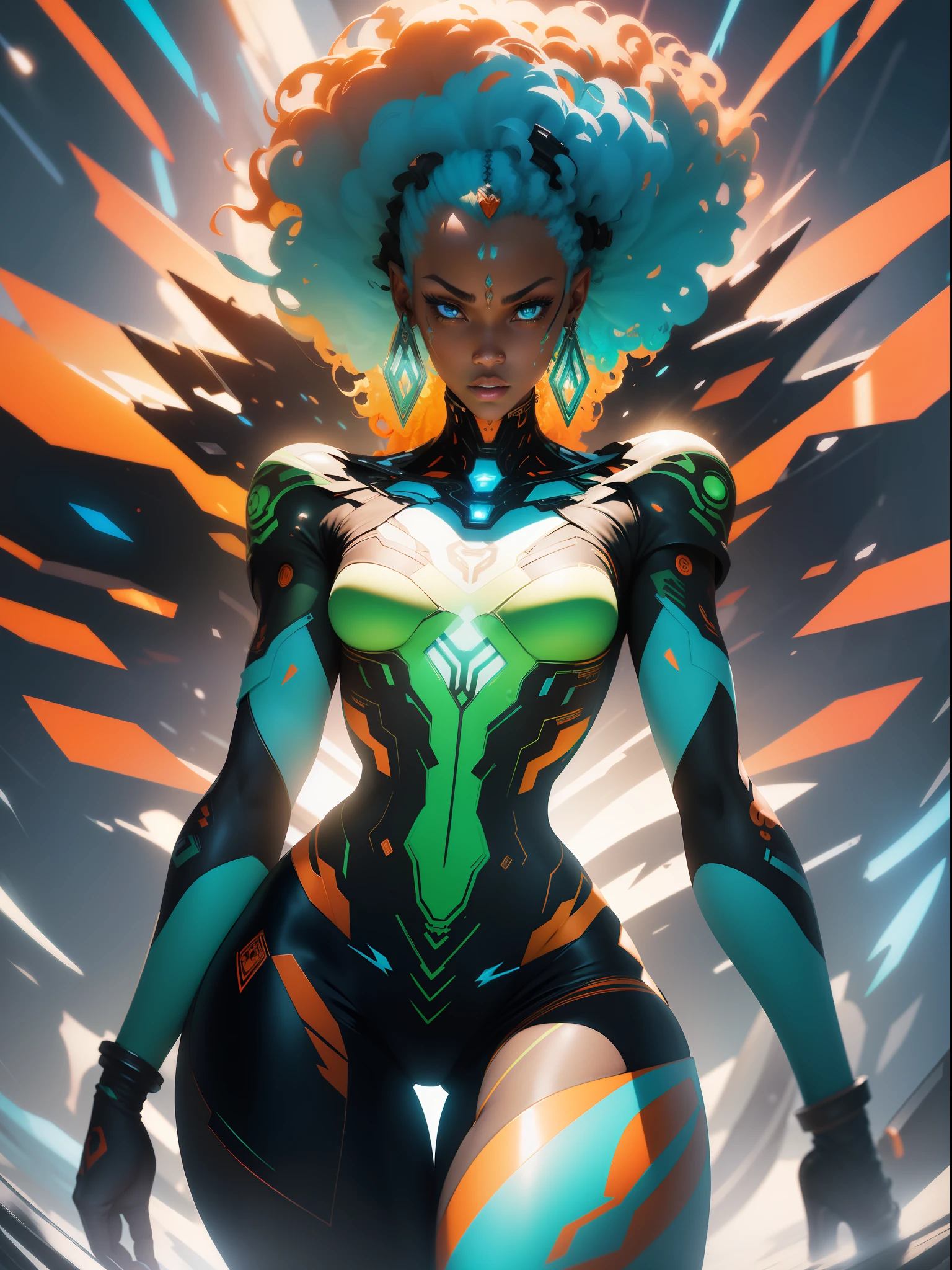 ((Best quality)), ((masterpiece)), (detailed: 1.4), (Absurd), Zulu warrior, very thin, black skin , Clothing with spectacular tribal designs, explosion of colors, cosmic tattoo, nebulous, muscular sculptural body defined, whole body, half thick naked thighs, closed mouth, body covered by technological clothing, Neon Genesis Evangelion style, cyberpunk, generous neckline, ((perfect medium breasts)), (super light blue eyes), ((totally green and orange clothing)), (((Afro hair))), long eyelashes and black heavy makeup, various African jewelry, garter belt made with barbed wire, by mucha, niji --V5, close to real, psychopath, crazy face, sexy pose, fractal background, 2 pieces clothing, pastel, centered, scale to fit dimensions, HDR (High Dynamic Range),Ray Tracing,NVIDIA RTX,Super-Resolution,Unreal 5,Subsurface dispersion, PBR texture, Post-processing, Anisotropic filtering, Depth of field, Maximum clarity and sharpness, Multilayer textures, Albedo and specular maps, Surface shading, Accurate simulation of light-material interaction, Perfect proportions, Octane Render, Two-tone lighting, Wide aperture, Low ISO, White balance, Rule of thirds, 8K RAW, crysisnanosuit