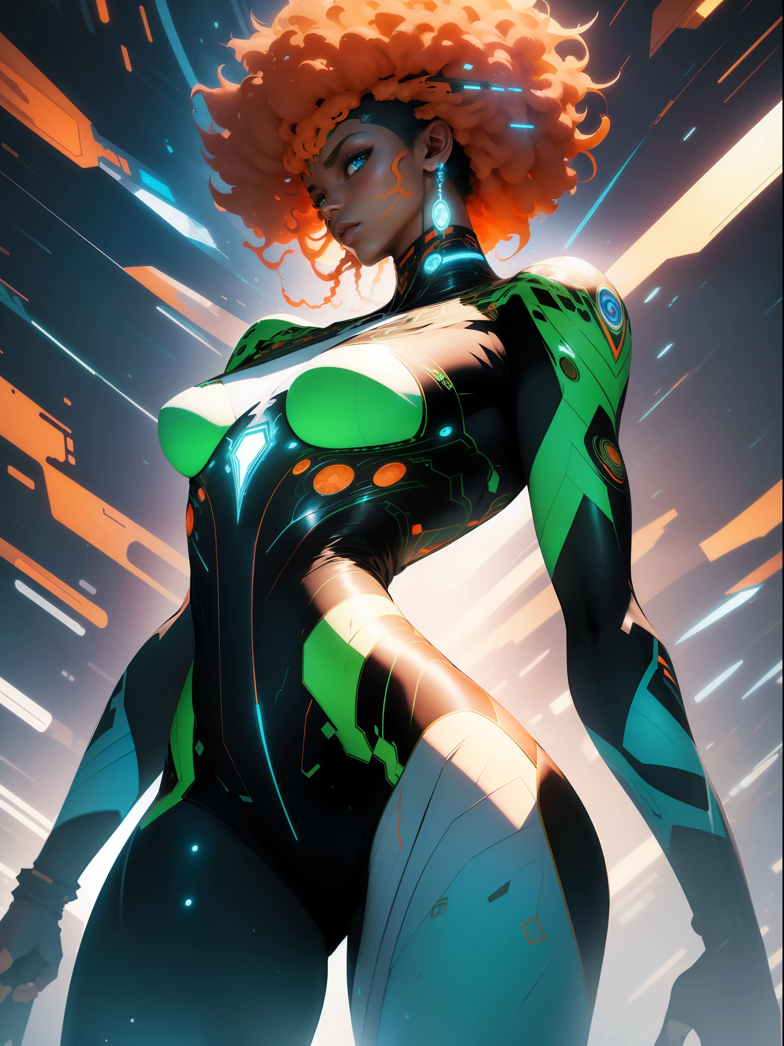 ((Best quality)), ((masterpiece)), (detailed: 1.4), (Absurd), Zulu warrior, very thin, black skin , Clothing with spectacular tribal designs, explosion of colors, cosmic tattoo, nebulous, muscular sculptural body defined, whole body, half thick naked thighs, closed mouth, body covered by technological clothing, Neon Genesis Evangelion style, cyberpunk, generous neckline, ((perfect medium breasts)), (super light blue eyes), ((totally green and orange clothing)), (((Afro hair))), long eyelashes and black heavy makeup, various African jewelry, garter belt made with barbed wire, by mucha, niji --V5, close to real, psychopath, crazy face, sexy pose, fractal background, 2 pieces clothing, pastel, centered, scale to fit dimensions, HDR (High Dynamic Range),Ray Tracing,NVIDIA RTX,Super-Resolution,Unreal 5,Subsurface dispersion, PBR texture, Post-processing, Anisotropic filtering, Depth of field, Maximum clarity and sharpness, Multilayer textures, Albedo and specular maps, Surface shading, Accurate simulation of light-material interaction, Perfect proportions, Octane Render, Two-tone lighting, Wide aperture, Low ISO, White balance, Rule of thirds, 8K RAW, crysisnanosuit