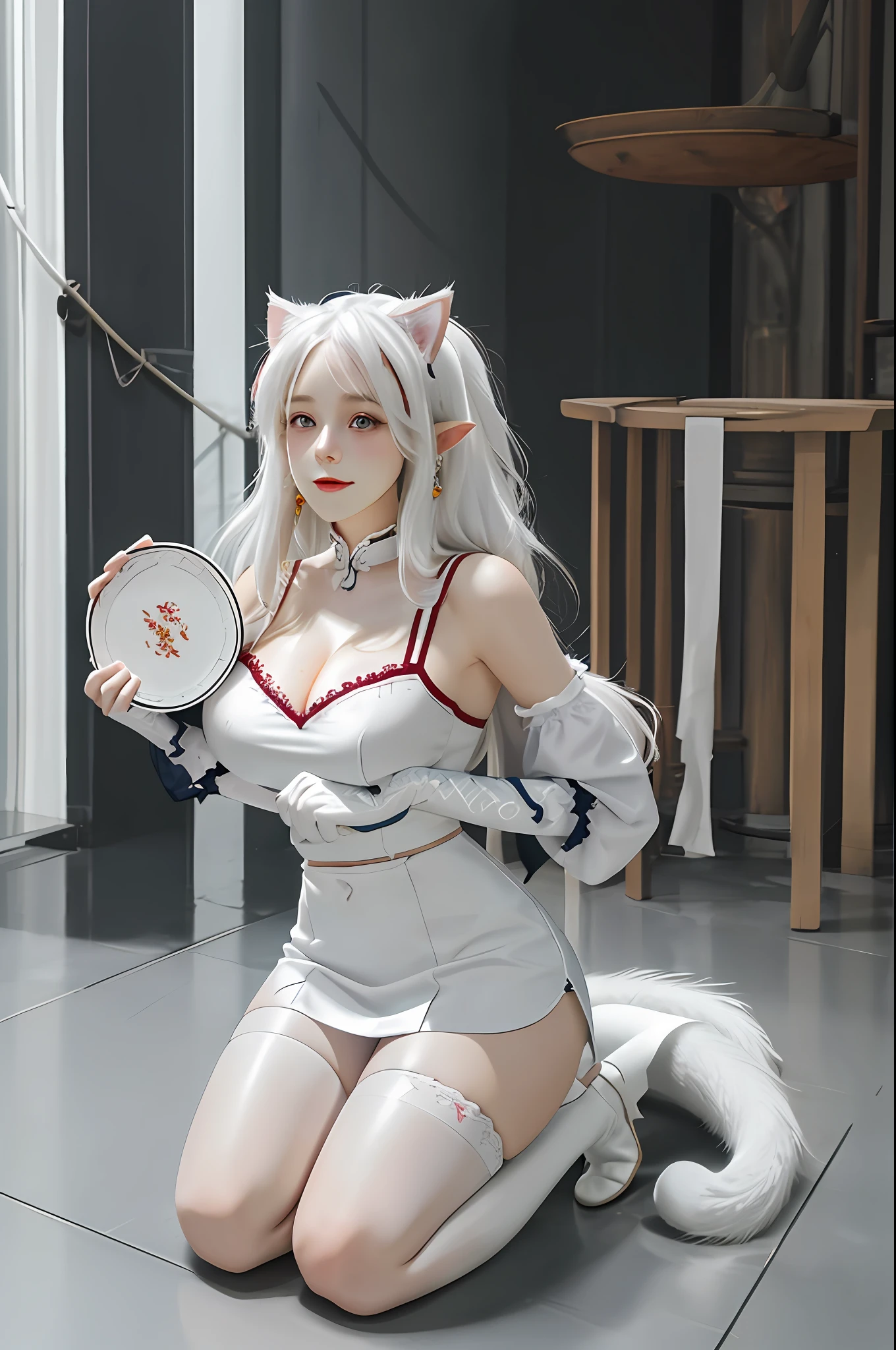 White hair, maid outfit, sexy and cute appearance, soft cute body, white stockings, bare feet, strangle, whole body, loli kneeling, big breasts, cleavage, overturned dinner plate, kneeling on the ground, crying, teary eyes, cat ears, areola, long hair and waist, low-cut clothing, high heels, blue cat eyes, HD pictures