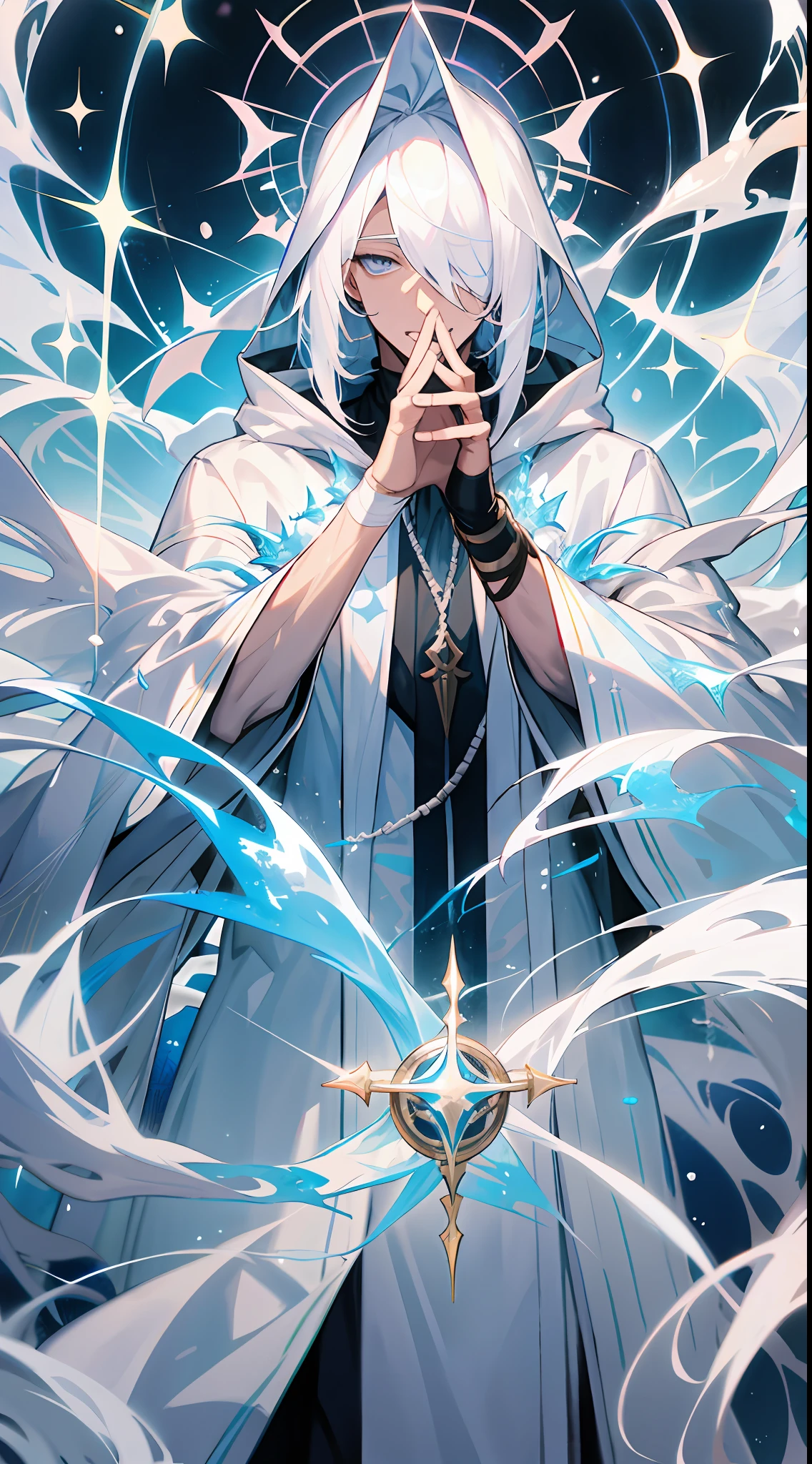 a man with white hair wearing a white robe, white haired deity, hood covers his eyes, wind egyptian god, hair covering eyes, blinding white hair, transparent veil, attractive male deity, blind, a painting of white silver, muscular magician man, white veil, mushoku tensei, fantasy blindfold, character album cover, beautiful male god of death