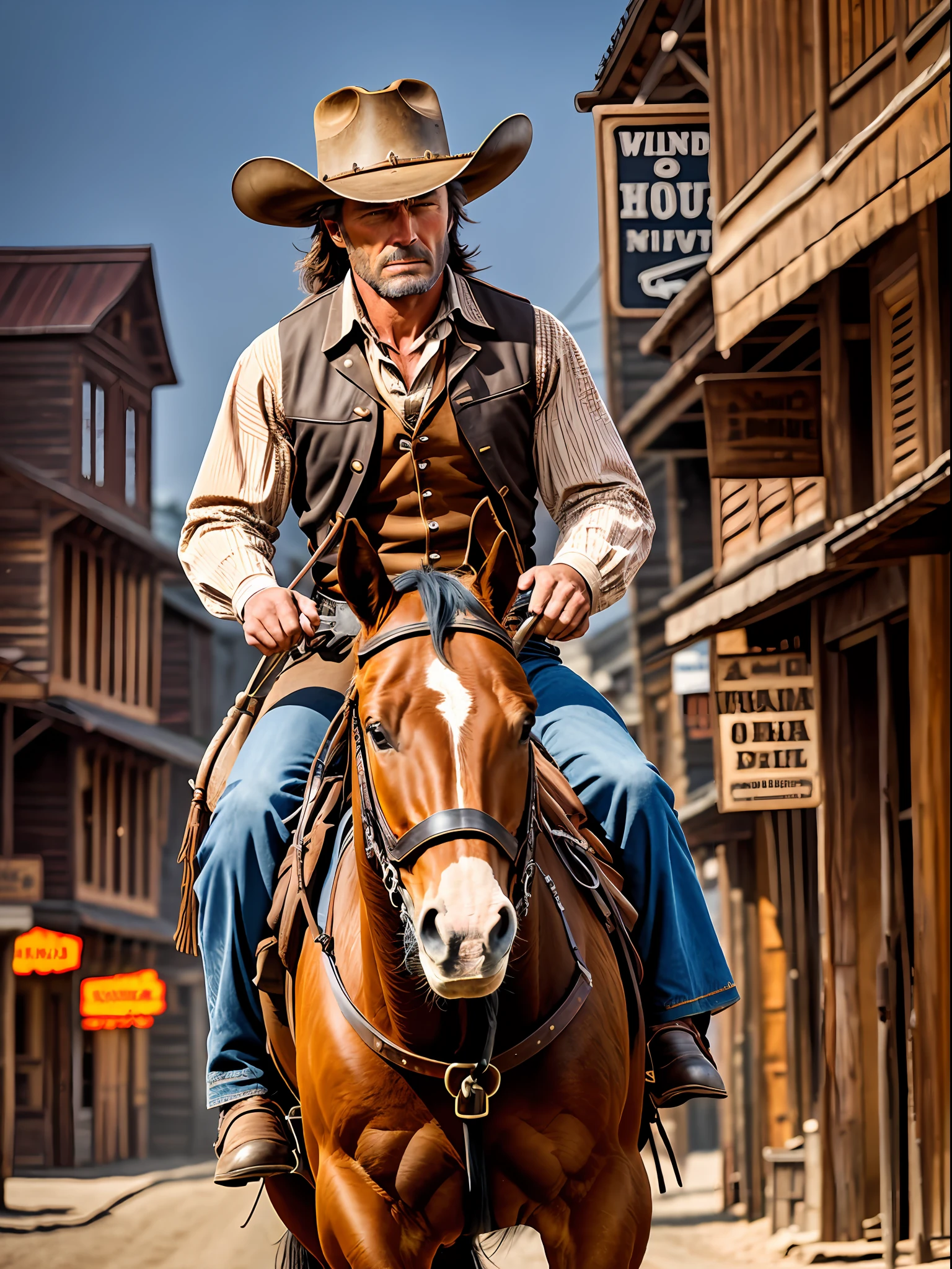 A horse riding cowboy in the street of wild west town, American frontier, in the style of Clint Eastwood, character of (man with no name), dark brown horse, action theme, 18th century culture, highly detailed, hyper realistic, photorealistic, perfect lighting, chiaroscuro effect, volumetric lighting, 8k resolution