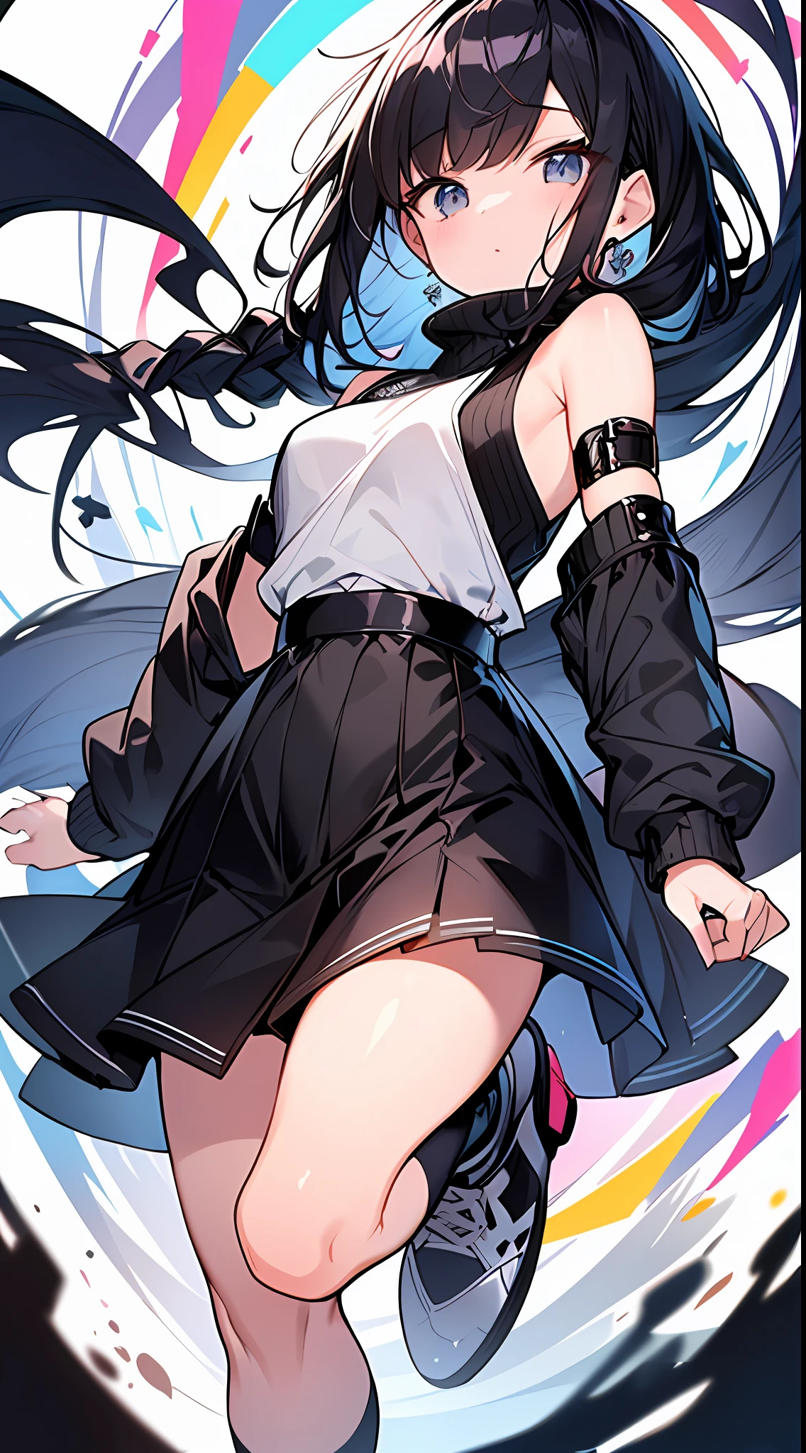 Top Quality, Masterpiece, Ultra High Resolution, 8K, Turtleneck and Colorful Mini Skirt Anime Style li, Single, Detailed Line Art, Digital Enhancement, Anime Core, Flowing Fabric, Close Up, Shoulder Length and Short Braid, Running, Wind-Fluttering Hair, Beautiful Black Hair, Looking Up Angle, Patchy Eyes
