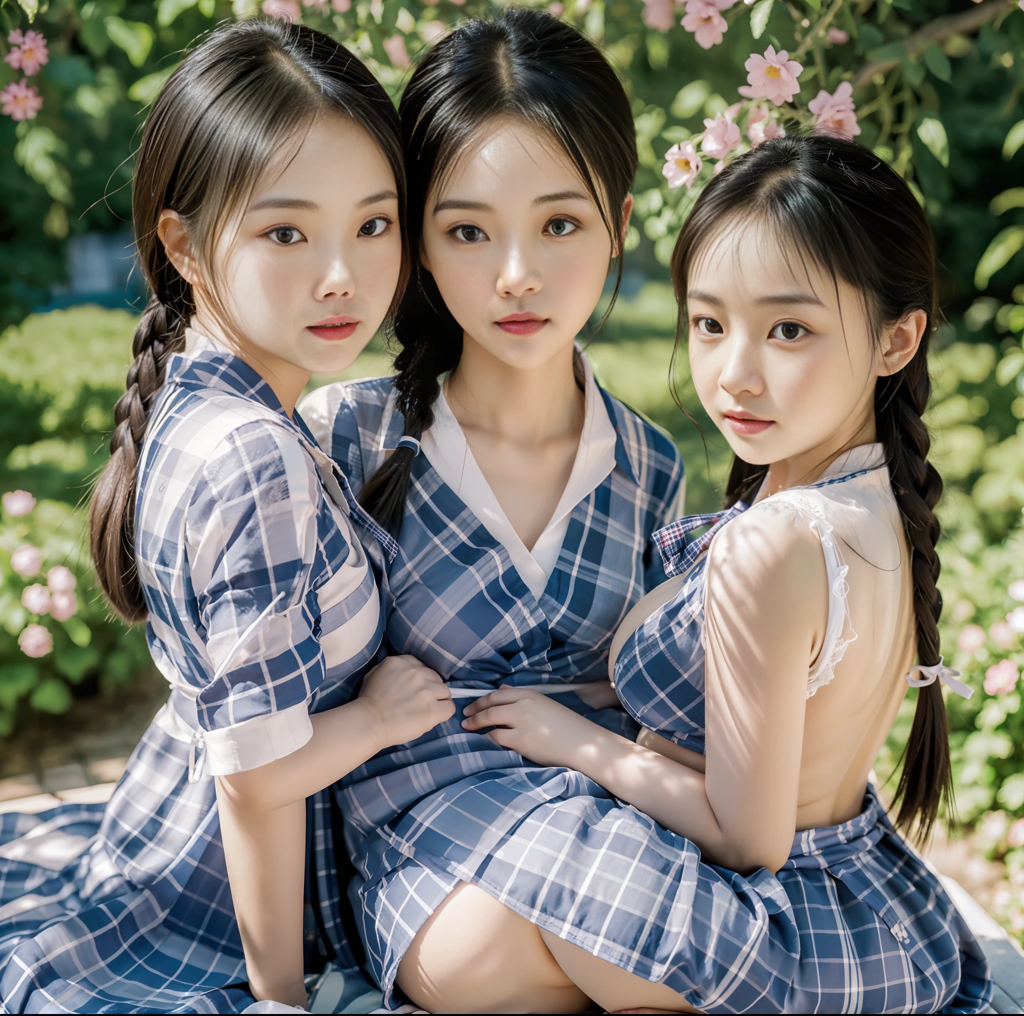 ulzzang-6500-v1.1, (highest quality, masterpiece), (raw photo: 1.2), (photorealistic: 1.4), highest quality, master, very tasty and beautiful, highly detailed CG, 8k wallpaper, amazing fine details, master masterpiece, official art, huge file size, high resolution, ((2-3 girls kiss)), ( snugly next to each other without separation between characters), (there is no break in one piece), s to twenties, Japan people, Nogizaka girls, (representation of the human body based on precise anatomy), intricate details, Japan schoolgirl uniform, (neat white plain blouse of smooth sheer fabric with ribbon tie), ( Ultra Mini Navy Blue Tartan Check Pleated Skirt), (Everyone is wearing the same clothes), (Tightly dressed), The clothes are smooth and contractive, (Less exposed upper body), (White panties), ((fastens all buttons of the blouse)), Blonde, (Skinny),(Very large breasts))), (Women with very large breasts), (Very spread breasts), ( (cramped clothes)), (no bra), (only the area shows through the skin tone)), (black areola), (small prickles), (big buttocks), (thin thighs), very beautiful eyes, bright ultramarine eyes, (detailed pupils reflecting light), (the iris of the eye is painted in detail with a fine radial pattern), (the expression of the whites of the eyes is a little dark), (the upper 30% of the eyes are shadowed), Double eye lids, (eyes and mouth half-open and sleepy expression), no makeup, snug, no makeup, (nose very low and wide), Natural eyebrows, realistic shading assuming a light source, cute girl and beauty, (whitening skin), baby face, smile, long hair half braid, (((backward pose)), ((looking back from the back)),((showing off the buttocks)),(looking straight back and not looking at us)),cuddling, Cheeks together,Arms crossed like lovers,Looking at the other person, Picking at the of clothes, Frame-in from thighs up, Beautiful garden with flowers, dark clear soft sunlight,