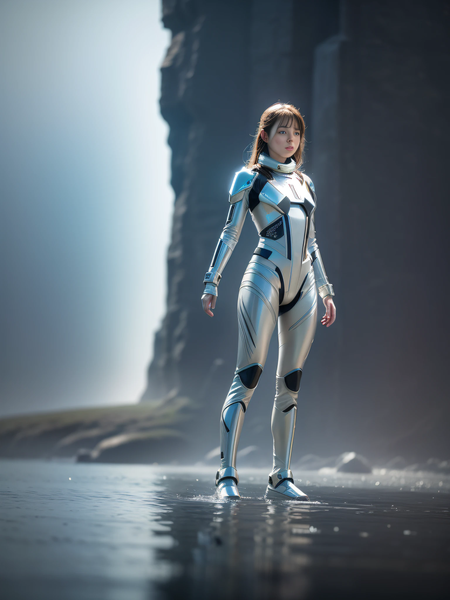 A beautiful girl, dressed in a silver sci-fi style costume, stands on an endless surface of water with floating mist, inspired by scenes from the movie Interstellar