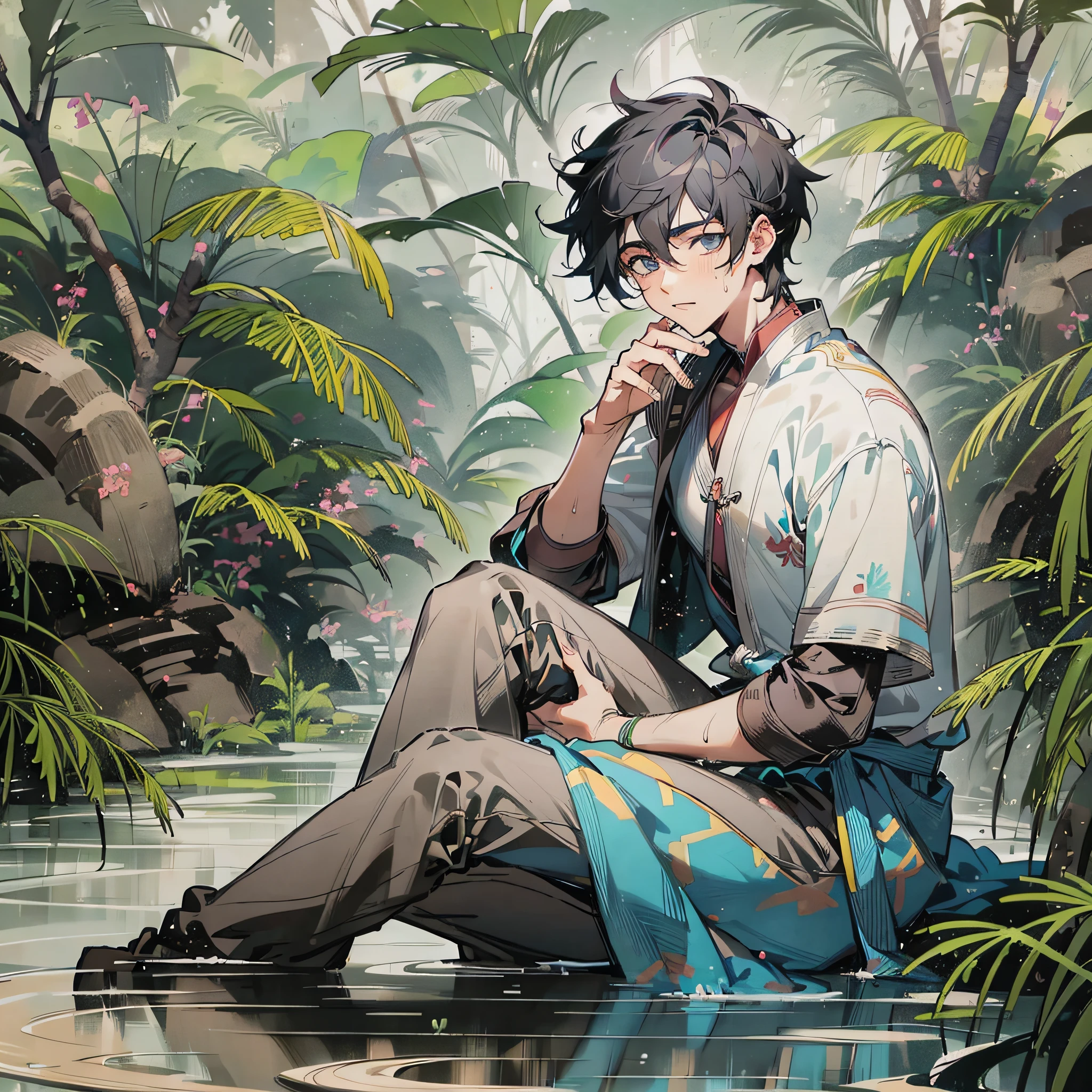 High-quality, fairy-level ancient world, lifelike picture. [Male Protagonist: (1 male)], Asian, black hair, he wears clothes full of dirt stains and sweat, waiting in boredom