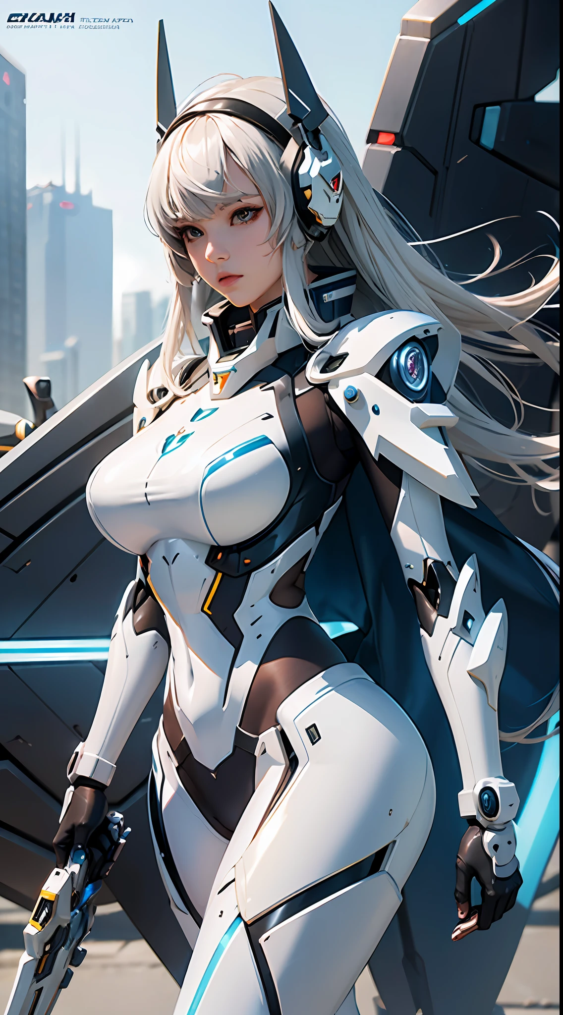 a woman in a futuristic suit with a sword,full-size photograph,Long legs, Slightly chubby,navel,Transparent skin,Perfect body shape,art feminine, Macro distance,mechanized valkyrie girl, ferra white mecha, girl in mecha cyber armor, female mecha, extremely detailed artgerm, echo from overwatch, gorgeous female paladin,Advanced Rendering,depth of field