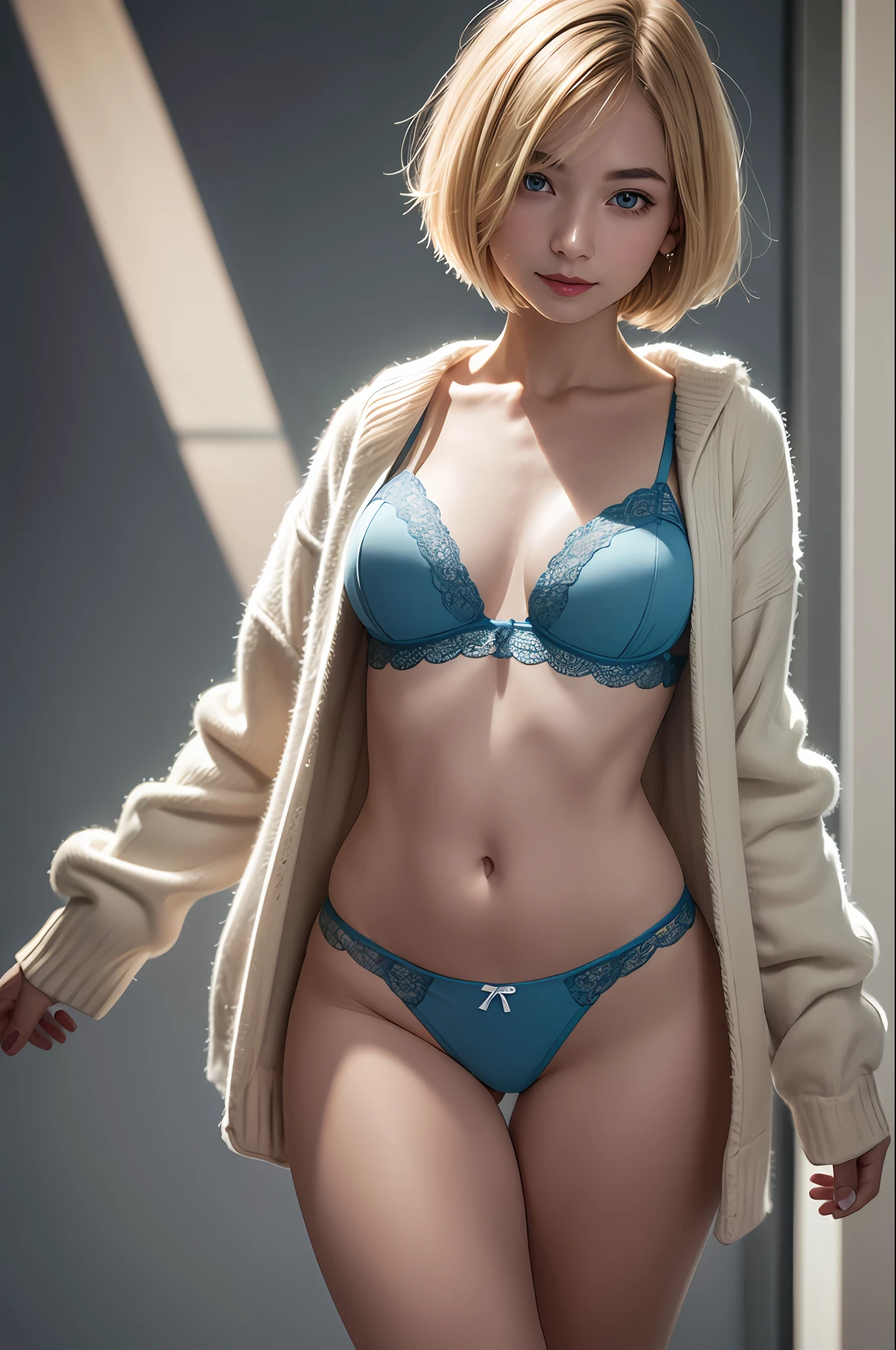 8K, MAXIMUM RESOLUTION, Real Image, Complex Detail, Ultra High Definition, Ultra High Definition, Depth Field, (Photorealistic, Real: 1.2), Masterpiece, 4K, High Definition, Masterpiece, Best Quality, Light Smile 1 Girl, (Japan Persons),Fine Skin, Sharp Focus, (Film Lighting), Clavicle, Morning, Soft Lighting, [More Face: 1.2], Thigh Gap, Slender,Big, Full Body, bob cut, Lipstick,lingerie,blonde hair,blue eye,cardigan