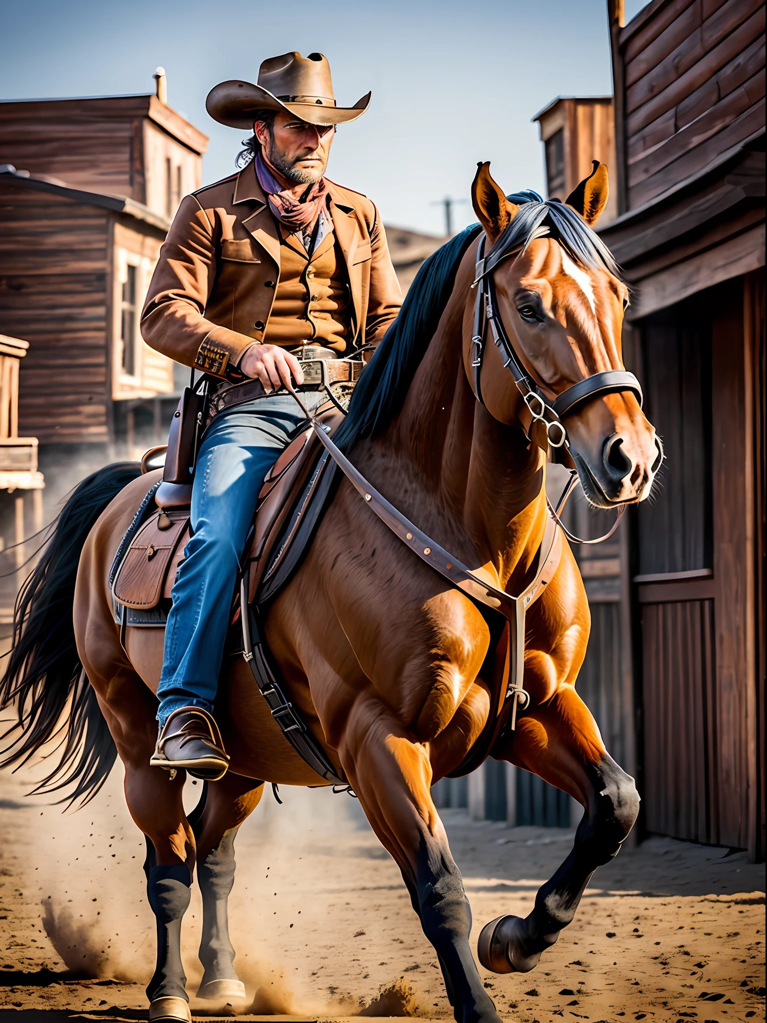 A horse riding cowboy in the street of wild west town, American frontier, in the style of Clint Eastwood, character of (man with no name), dark brown horse, action theme, 18th century culture, highly detailed, hyper realistic, photorealistic, perfect lighting, chiaroscuro effect, volumetric lighting, 8k resolution