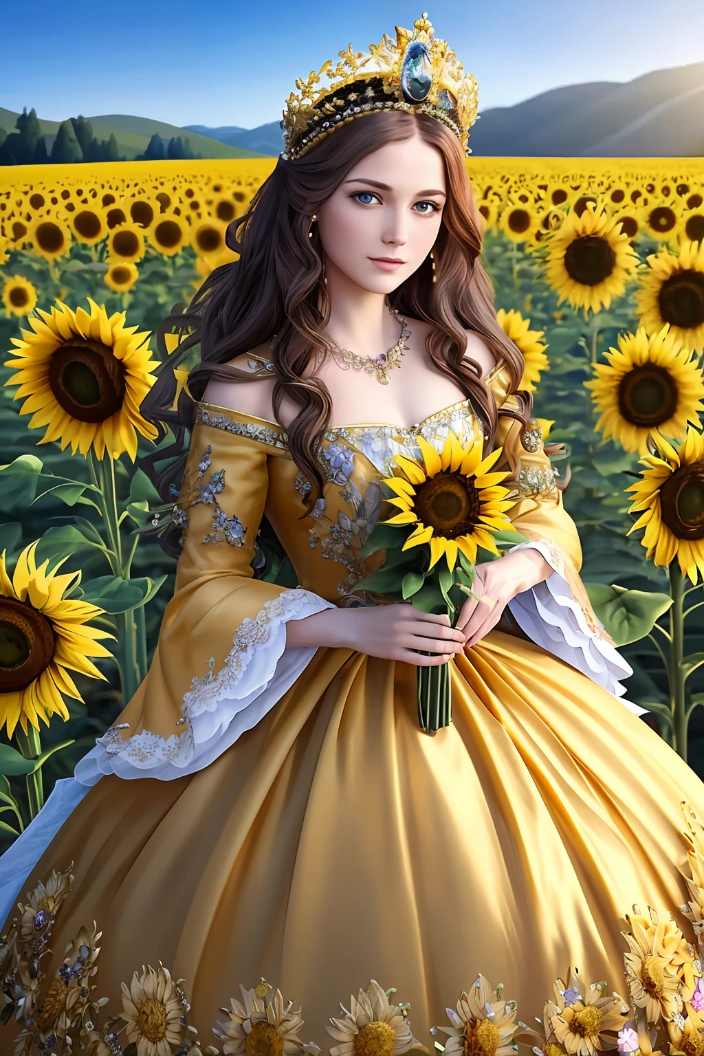 (8k, best quality, masterpiece: 1.2), (realistic, realistic: 1.37), ultra-detailed, a woman wearing a crown on her head, dressed in a sumptuous European aristocratic costume, holding a sunflower, standing in a sunflower field, facing the camera head-on