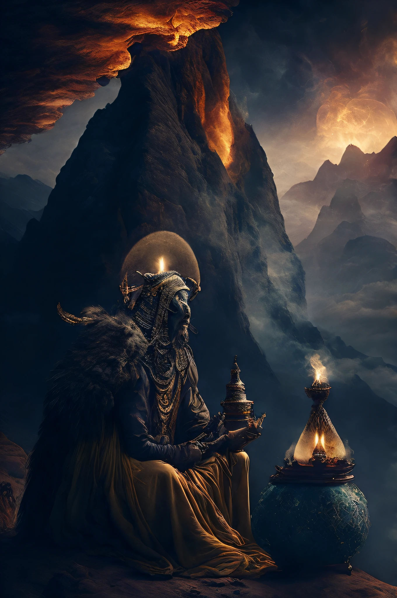 The scene is atmospheric and open, ancient sacrificial pictures, smoky and full of smoke, animals in human clothes meditating, detailed clothing details, detailed clothing light, faint and faint, detailed animal hair glowing sense, cumbersome and complex picture feeling, (full of weird and mysterious pictures), the background is hazy open and weird mountains, complex mountains, photorealistic, 8k,