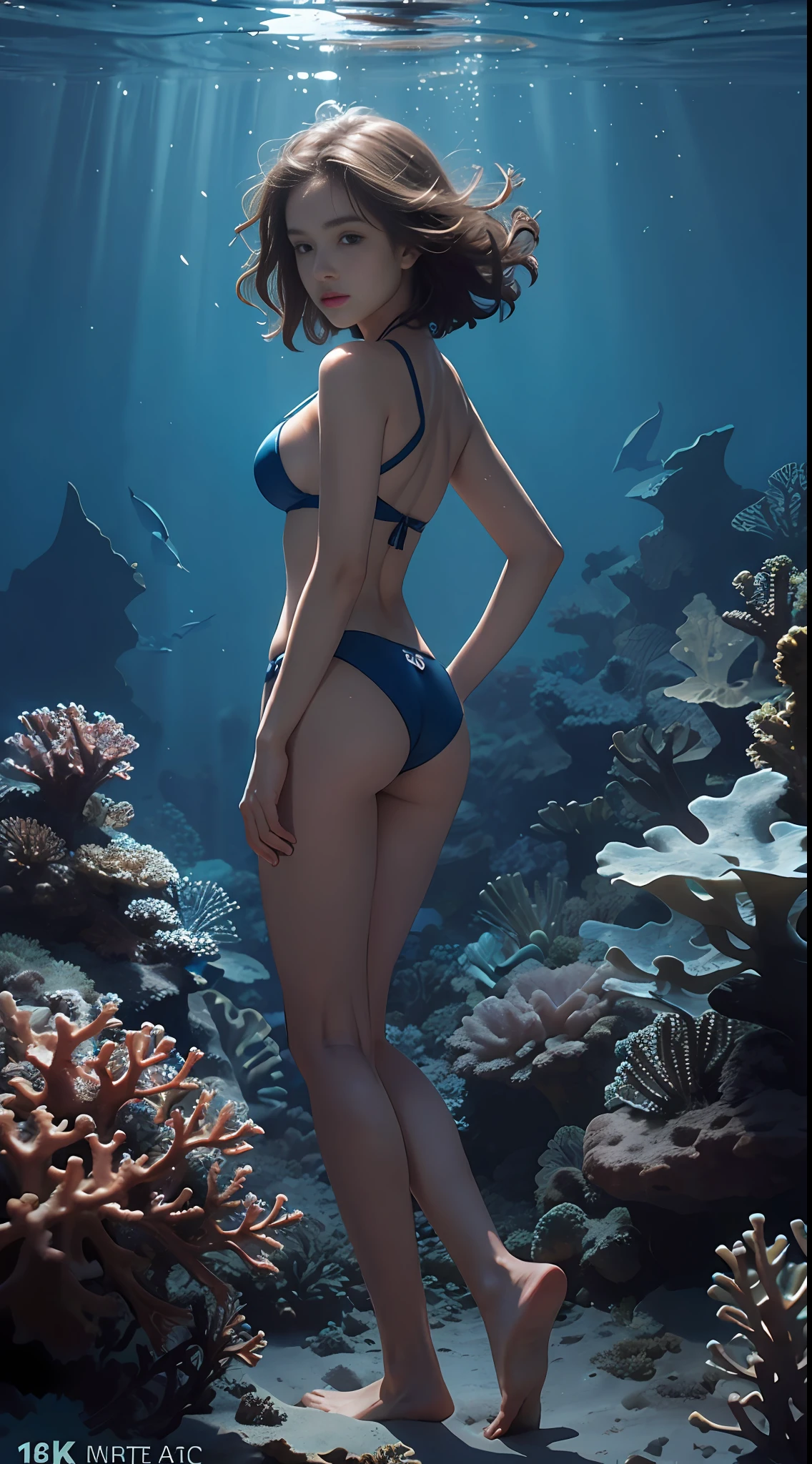 coral reef, blue bikini, night dive, moonlight, backlight, weightlessness, ((best quality, 8k, masterpiece: 1.3)), super low angle, one woman, very short hair, underwater photography, underwater perspective, underwater floating, camera gaze, beautiful face, full body