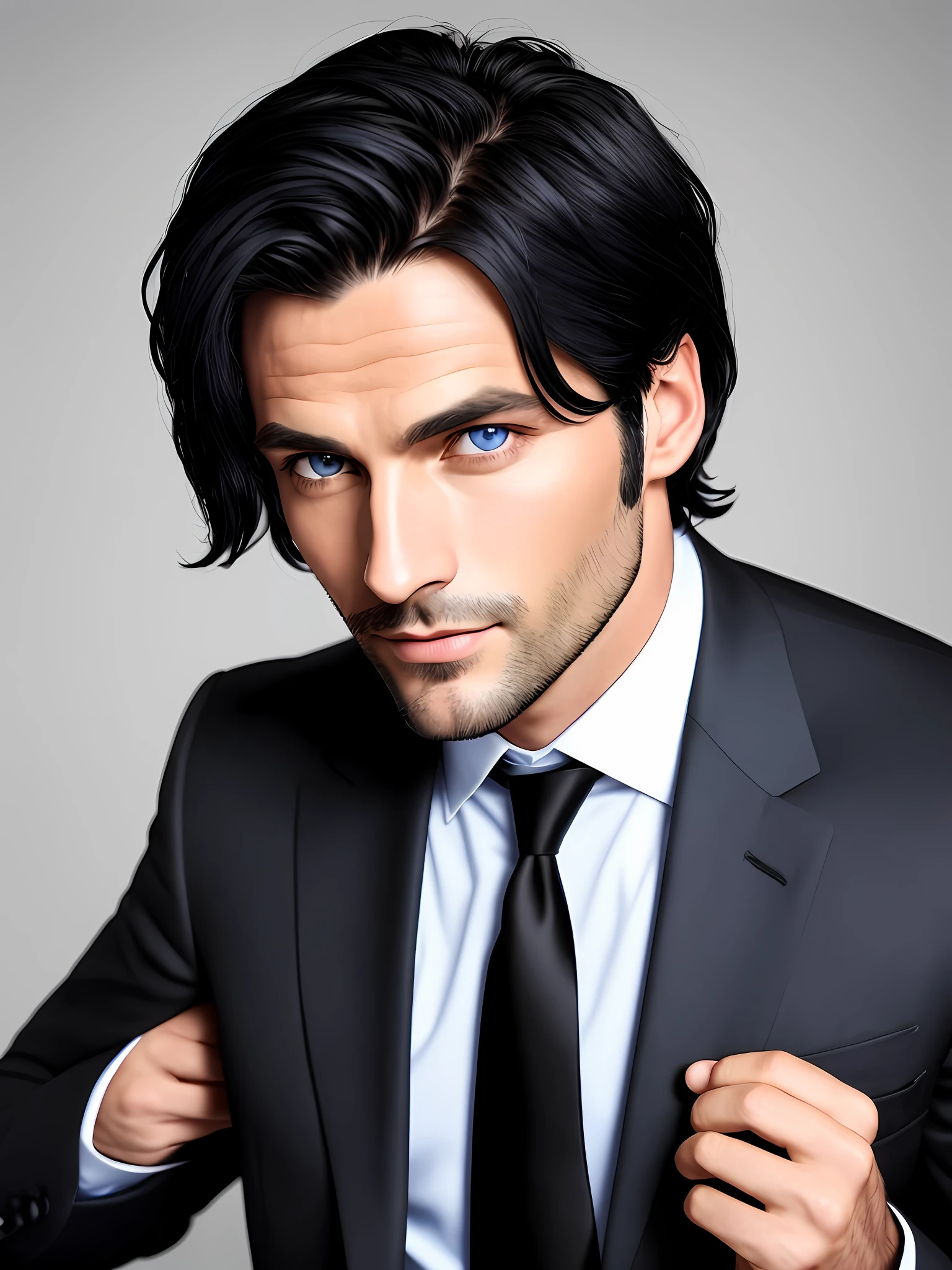 A man about 35 years old with black hair, blue eyes, with black suit, shirt, no tie, long eyelashes, mysterious look
