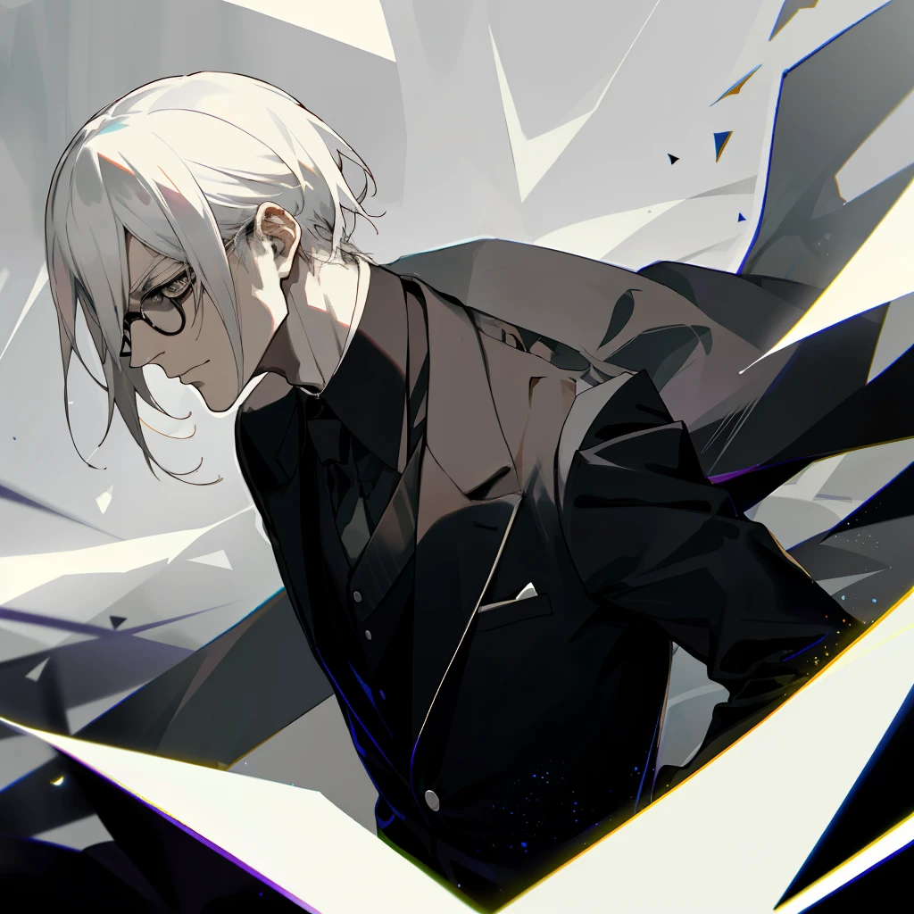 Decim (Death Parade), 1 man, 35-year-old,(black bristle), man wearing glasses, closeup face, profile picture,dresses in a formal and restrained style, a black jacket,white shirt, a professional look,white-ash hair, silver color, tired look,