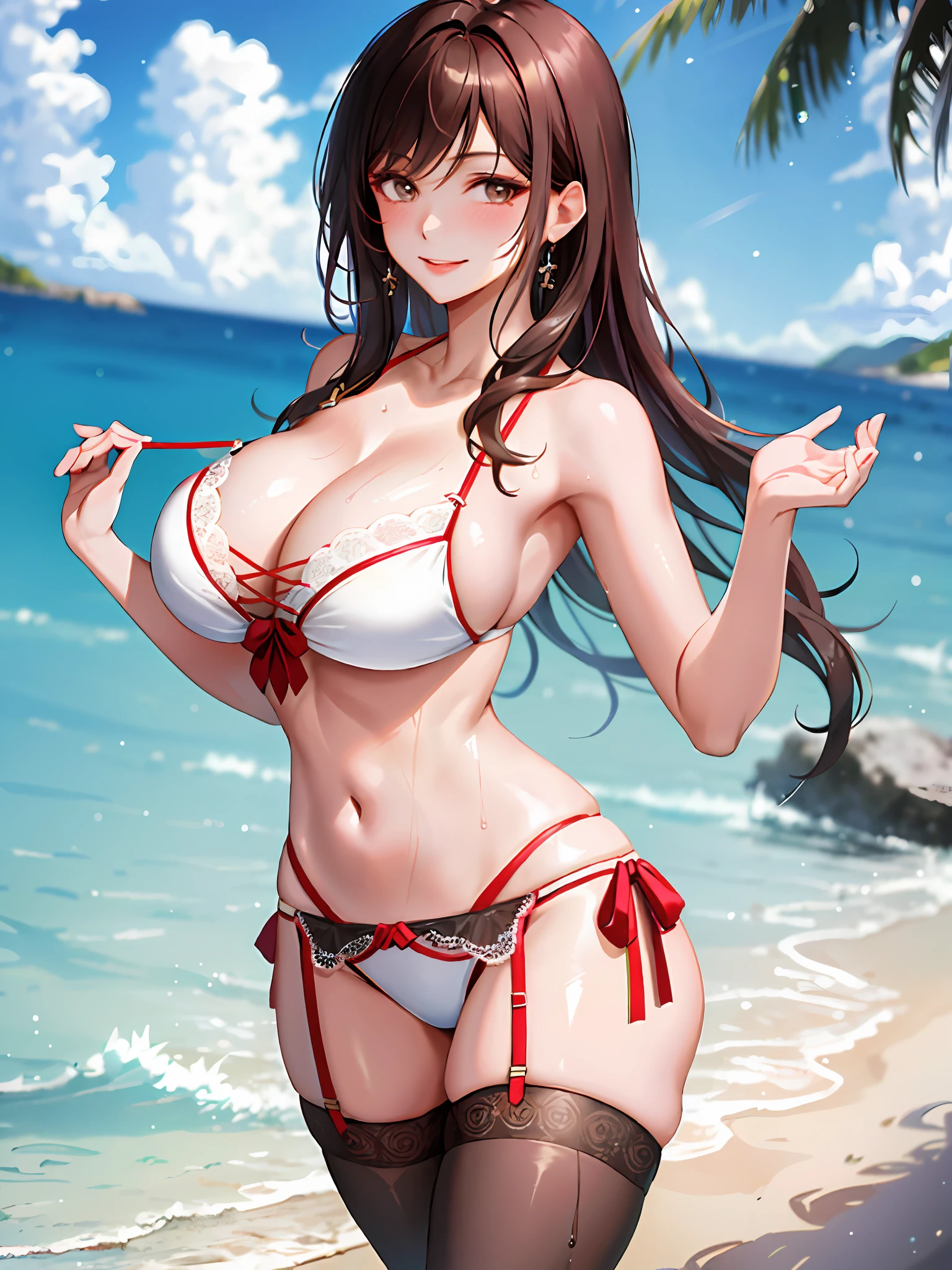 ((Masterpiece, Excellent)), (1girl), solo, single, ((MILF)), brunette hair, bangs, bursting breasts, smile, thin waist, wide hips, stockings, cleavage, seductive, hands behind back, bikini, big breasts, big breasts, thighs, perfect body, wet, lip gloss, blush, lace-up bikini,