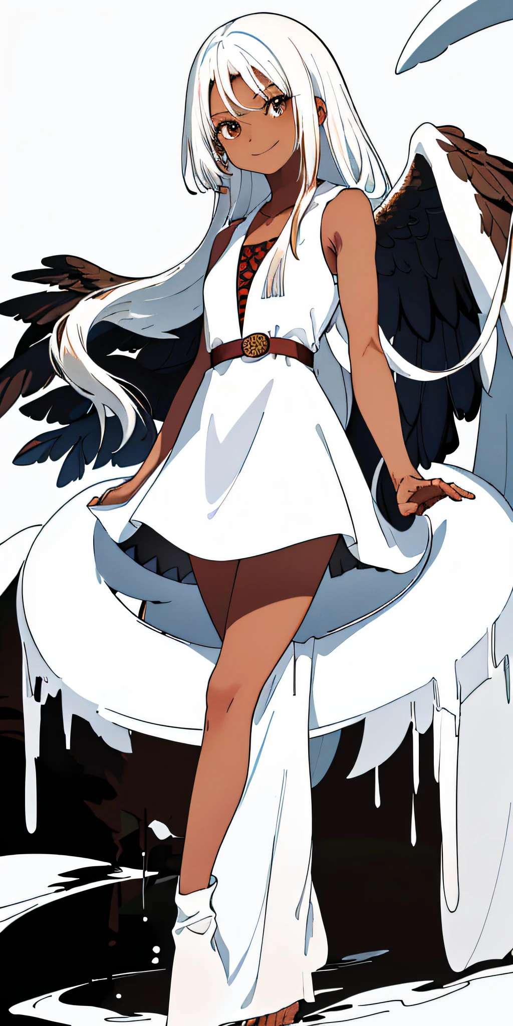 Masterpiece, Top Quality, Hi-Res, Hancock, (((1 girl)), Boa Hancock, Long hair, Cowboy shot, standing, smile, jungle, (((white hair)), brown skin, (small girl)), ((loli)), ((small girl)), ((dark-skinned woman)), (dark skin)), red flame on back, black wings, (((white dress)), sleeveless, slender body