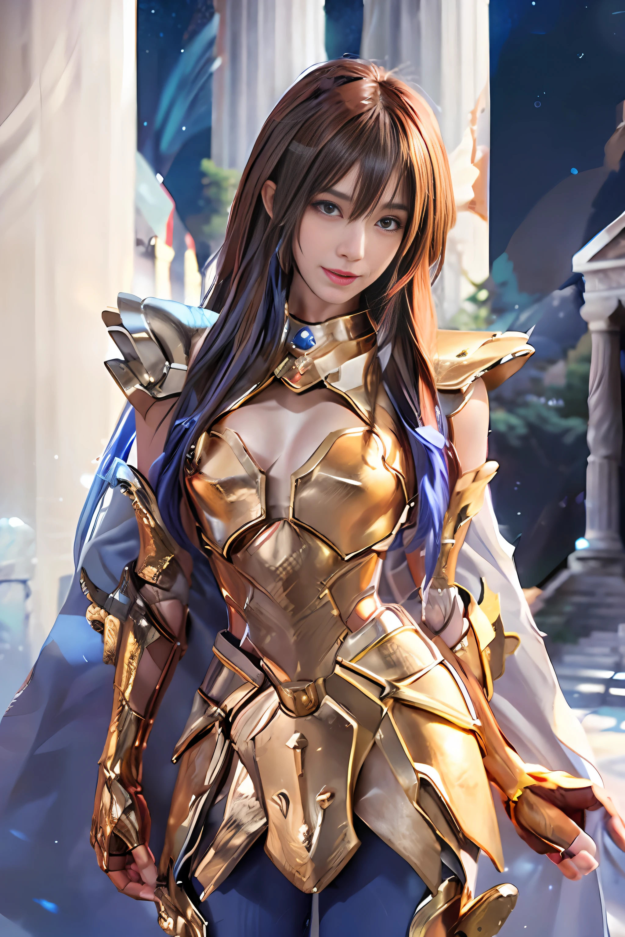 masterpiece, best quality, super high resolution, realistic skin texture, armature, realistic, high resolution, original photo, shiny skin, realistic skin texture, best lighting, sparkle, dramatic lighting, dynamic pose, greek temple background, night sky, universe, milky way, 1 girl, balanced eyes, roman skirt, breastplate, red hair, blue eyes, looking at the audience, room, smiling slightly, all over