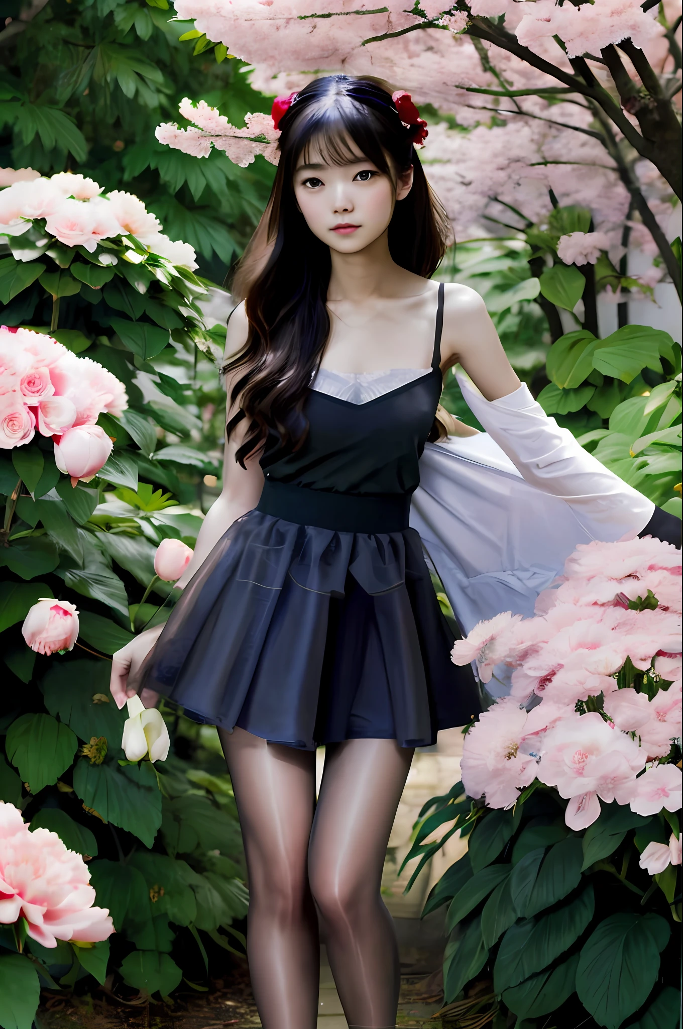 movie portrait photography, 1girl, correct body structure, perfect body, fair skin, pretty face, detailed face, blush, face, maid hair accessories, charming body, slim, wide hips, thin waist, no clothes, black bra, black lace panties, busty with deep, black pantyhose, long legs, no skirt, stockings, thigh stockings, standing on bench with full body photo, leg focus, fair skin with bare shoulder length, serene, calm, (realistic details, natural skin texture, Realistic Face Details), Soft Dramatic Lighting, Depth of Field, Bokeh, Vibble Detail, Fine Detail, Surrealism, 35mm Film, Hazy Blur, Film, 16k, Peony, Rose, Cherry Blossom, Rainforest, Lots of Flowers, Juice:1.3)