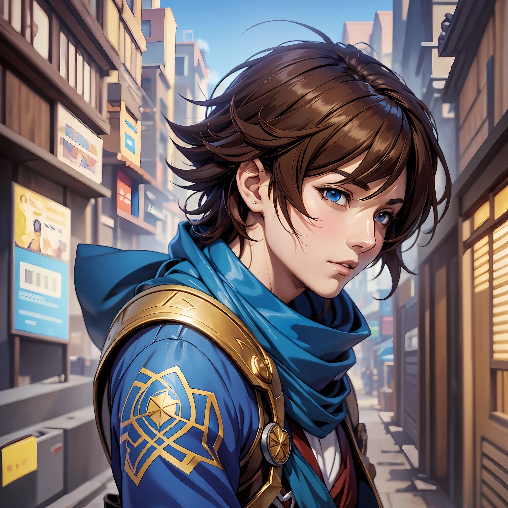 Anime boy with blue scarf and brown hair, 2. 5 d CGI Anime Fantasy Art, Authentic, Digital Anime Art, Detailed Digital Anime Art, Hero 2 d Doujin Art Art, Premium Digital Anime Art, Artgerm Detailed, Profile Image 1024px, Fantasy Style Anime, Premium Anime Digital Art, 4k Manga Wallpaper, 8k, Best Quality, Masterpiece: 1.2, Pixel Avatar Style,