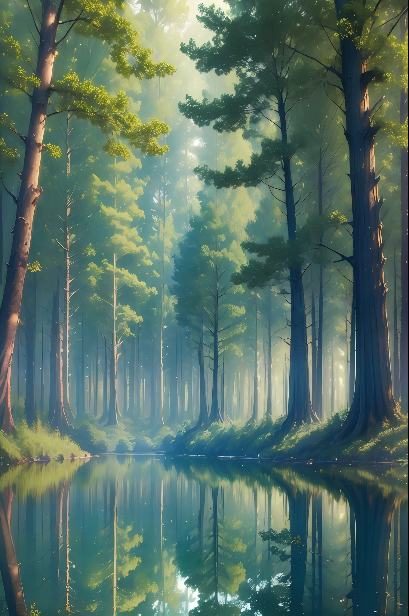((Masterpiece:1.4)),((Best quality:1.25)),((Stunning Forest:1.2)) with magical and artistic tones, (Cinematic luminosity:1.2) with reflection and natural effects with detailed particles, with a beautiful lake, in a hard linear low lighting