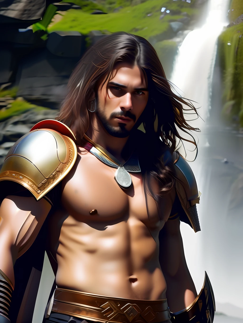 fking_scifi, fking_scifi_v2, portrait of a young, muscular very handsome and attractive Spartan warrior man, in front of a beautiful waterfall, long messy hair, hairy body, rich colorful and bronze jewelry, close up, regal pose and attitude. fking_cinema_v2. , very strong and fitted, intense action, dynamic juxtaposition, warrior helmet and a sword, fierce, tumblr contest winner, hurufiyya, very strong and masculine, movie still, cinematic lighting. photograph, detailed symmetric realistic face, extremely detailed natural texture, peach fuzz, long waived hair, masterpiece, absurdres, nikon d850 film stock photograph, kodak portra 400 camera f1.6 lens, extremely detailed, amazing, fine detail, intense actio, hyper realistic lifelike texture, dramatic lighting, unrealengine, trending on artstation, cinestill 800 tungsten, looking at the viewer, photo realistic, RAW photo, TanvirTamim, high quality, highres, sharp focus, extremely detailed, cinematic lighting, action, 8k uhd,-imagine-