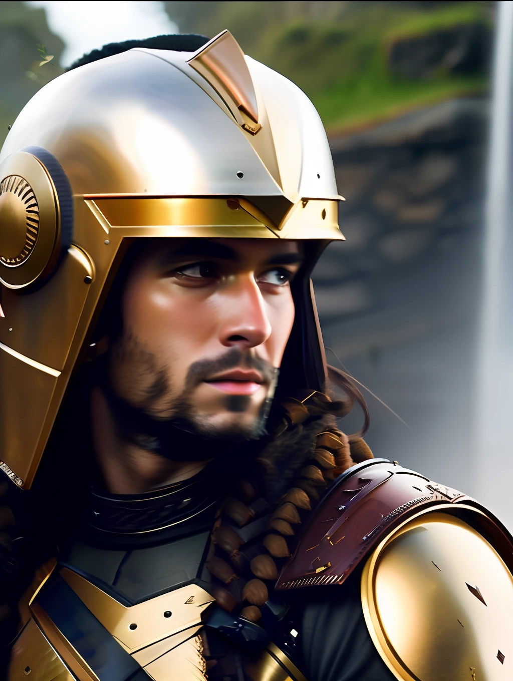 fking_scifi, fking_scifi_v2, portrait of a young, muscular very handsome and attractive Spartan warrior man, in front of a beautiful waterfall, long messy hair, hairy body, rich colorful and bronze jewelry, close up, regal pose and attitude. fking_cinema_v2. , very strong and fitted, intense action, dynamic juxtaposition, warrior helmet and a sword, fierce, tumblr contest winner, hurufiyya, very strong and masculine, movie still, cinematic lighting. photograph, detailed symmetric realistic face, extremely detailed natural texture, peach fuzz, long waived hair, masterpiece, absurdres, nikon d850 film stock photograph, kodak portra 400 camera f1.6 lens, extremely detailed, amazing, fine detail, intense actio, hyper realistic lifelike texture, dramatic lighting, unrealengine, trending on artstation, cinestill 800 tungsten, looking at the viewer, photo realistic, RAW photo, TanvirTamim, high quality, highres, sharp focus, extremely detailed, cinematic lighting, action, 8k uhd,-imagine-