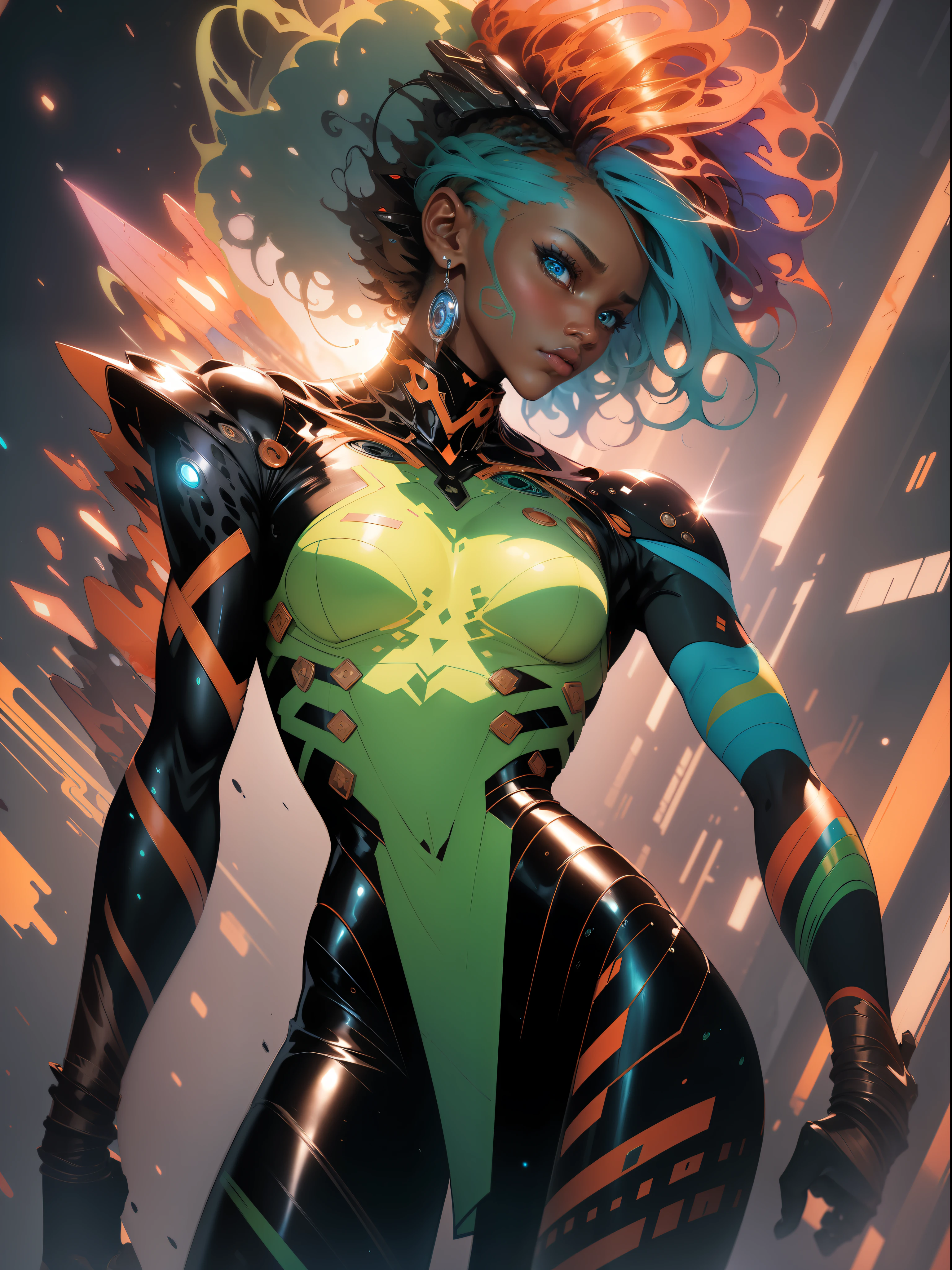 ((Best quality)), ((masterpiece)), (detailed: 1.4), (Absurd), Zulu warrior, very thin, black skin , Clothing with spectacular tribal designs, explosion of colors, cosmic tattoo, nebulous, muscular sculptural body defined, whole body, half thick naked thighs, closed mouth, body covered by technological clothing, Neon Genesis Evangelion style, cyberpunk, generous neckline, ((perfect medium breasts)), (super light blue eyes), ((totally green and orange clothing)), (((Afro hair))), long eyelashes and black heavy makeup, various African jewelry, garter belt made with barbed wire, by mucha, niji --V5, close to real, psychopath, crazy face, sexy pose, fractal background, 2 pieces clothing, pastel, centered, scale to fit dimensions, HDR (High Dynamic Range),Ray Tracing,NVIDIA RTX,Super-Resolution,Unreal 5,Subsurface dispersion, PBR texture, Post-processing, Anisotropic filtering, Depth of field, Maximum clarity and sharpness, Multilayer textures, Albedo and specular maps, Surface shading, Accurate simulation of light-material interaction, Perfect proportions, Octane Render, Two-tone lighting, Wide aperture, Low ISO, White balance, Rule of thirds, 8K RAW, crysisnanosuit