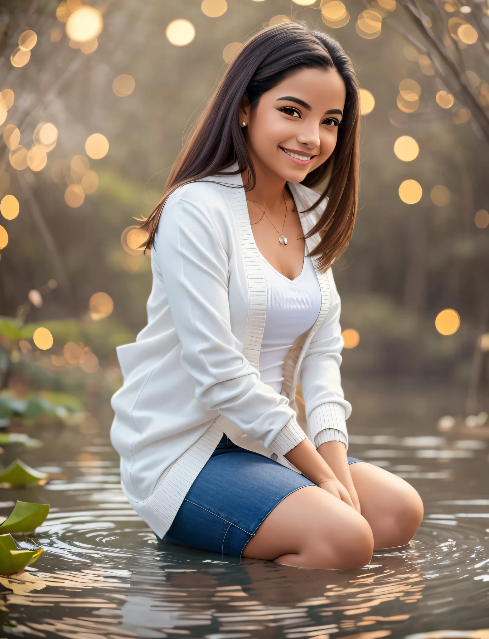 A Latina woman, in a white shirt wearing a cardigan coat, sitting facing in lotus pose looking at the viewer, floating above the ground, happy, smiling slightly, photorealistic, bokeh, particles of light --auto --s2