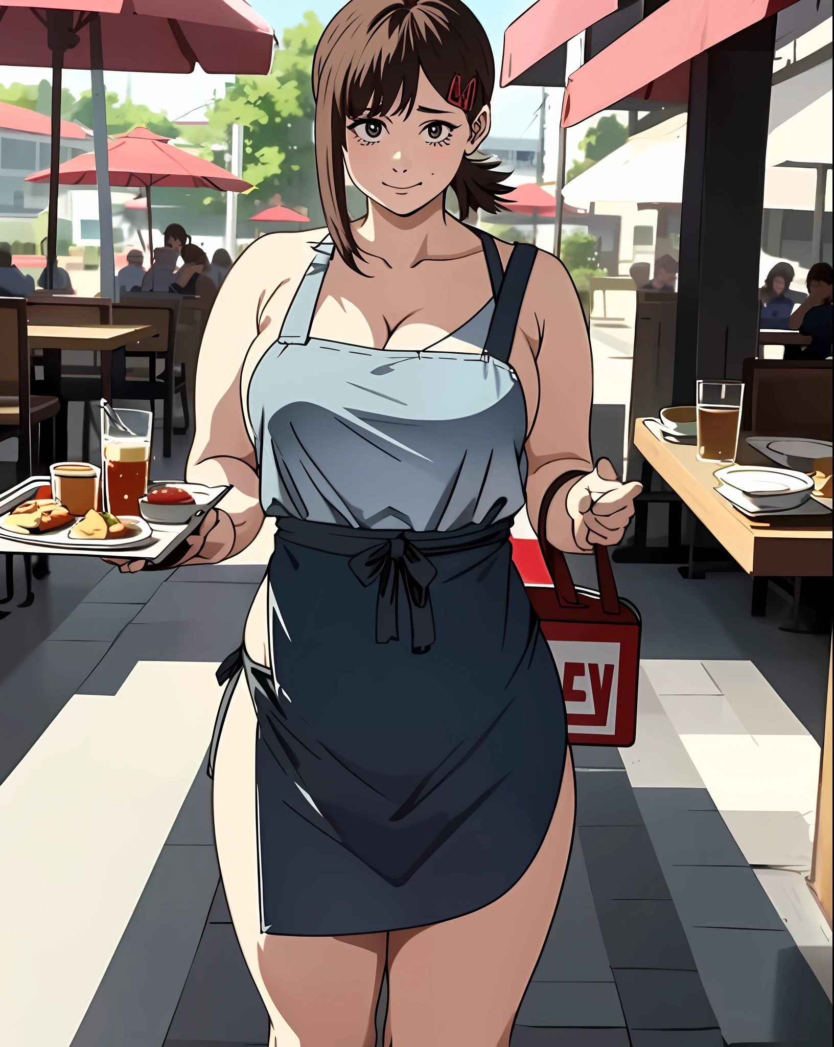 1girl, (carrying a tray),waitress,bikini, restaurant, modeling, wearing an apron, sexy, full body masterpiece, cute figure, face facing the viewer, provocative look, chubby thighs, (chubby waist), a beautiful chubby, (happy)