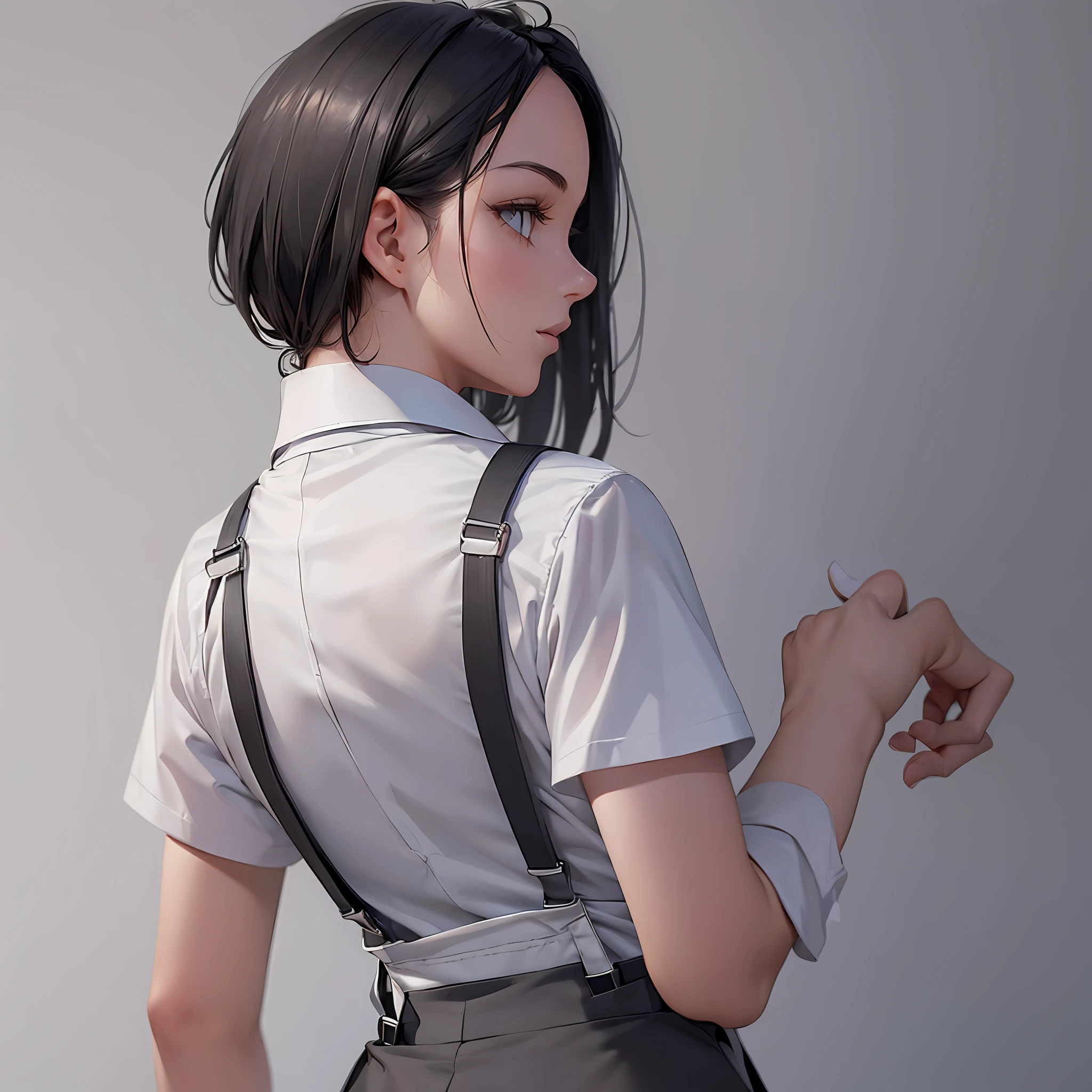 best quality, (photorealistic:1.4), 1girl, (black shirt:1.2), (grey long pants:1.2),(white suspenders:1.4), perfect female figure, full body, from back, white background, short hair, slim --auto --s2