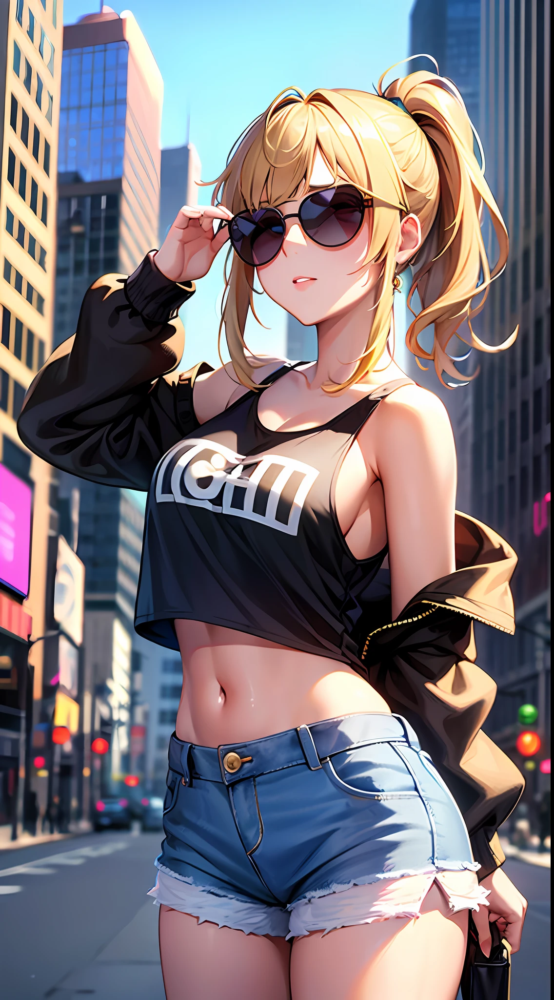1girl, masterpiece, best quality, medium full shot, blonde ponytail, (off shoulder jacket, tank top, shorts, sunglasses, busty), city background