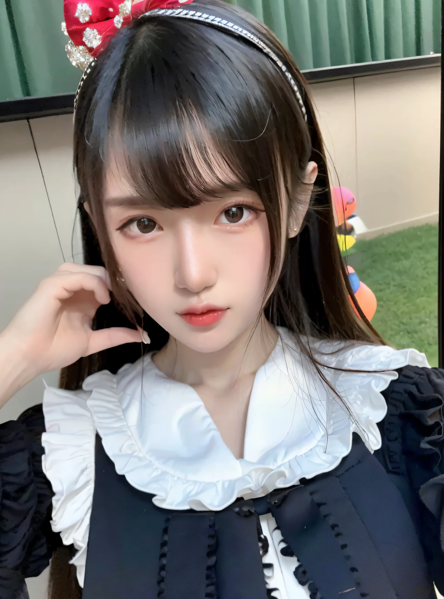 Best Quality (Photorealistic: 1.2) 1 girl, solo, face, black hair, (hair ornament: 1.35), school uniform, ribbon ribbon, no sleeves, ribbon trim, wide sleeves, (viewer watch: 1.5) Long hair, black eyes, bangs, lips