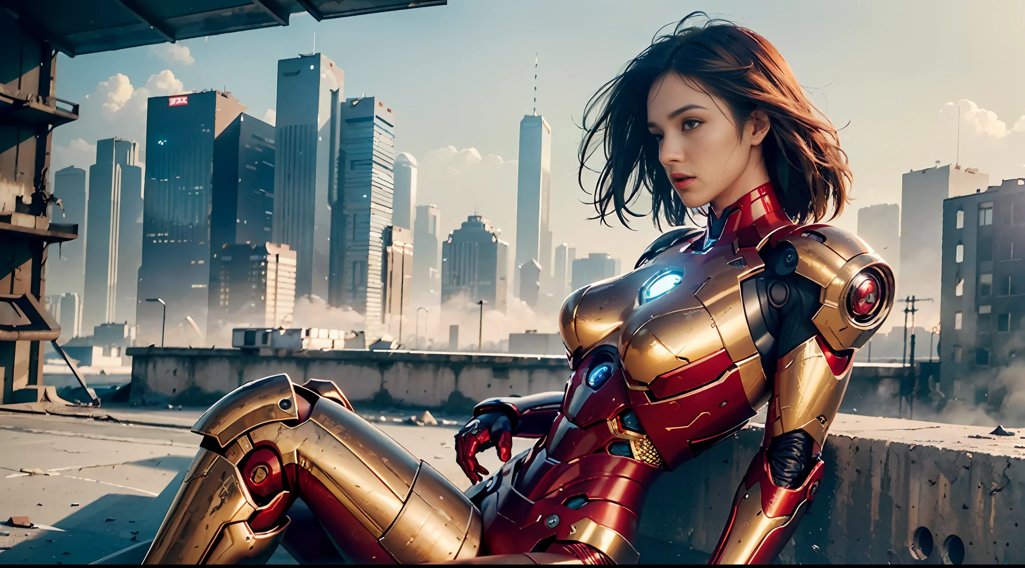 RAW, Masterpiece, Ultra Fine Photo,, Best Quality, Ultra High Resolution, Photorealistic, Sunlight, Full Body Portrait, Stunningly Beautiful,, Dynamic Poses, Delicate Face, Vibrant Eyes, (Side View) , she is wearing a futuristic Iron Man mech, red and gold color scheme, highly detailed abandoned warehouse background, detailed face, detailed and complex busy background, messy, gorgeous, milky white, high detailed skin, realistic skin details, visible pores , sharp focus, volumetric fog, 8k uhd, dslr camera, high quality, film grain, fair skin, photorealism, lomography, sprawling metropolis in futuristic dystopia, view from below, translucent, big breasts