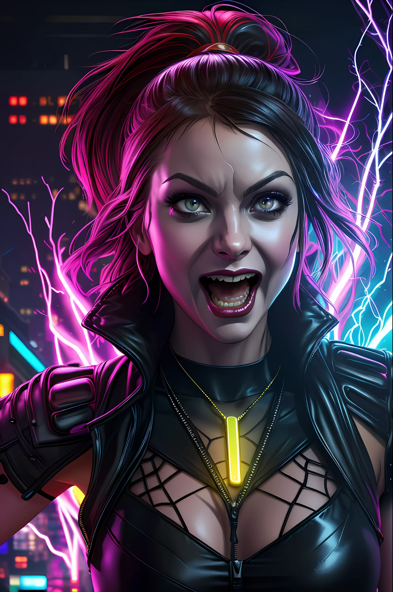 (closeup:1.2),
([Nina Dobrev|Emma Stone]:1.1) woman, centered, screaming witch, dark, (huge moon, symmetric full moon:1.1),
(wearing Cyberpunk transparent clothing:1.2), glossy, see-through clothes, vivid vibrant glowing neon toxic colors, triadic colors,

glowing blue eyes, detailed pupils, glowing eyes,
open mouth, teeth, cuspids, sharp teeth,
wearing industrial goth clothes,

neon lights, glowing colors, backlight, glowing contours, outline, gold highlights,

spiderwebs, dripping blood, elegant, fit, fashion, stone,


lightning bolts at background, storm, tornado, 
disney artwork, unreal engine, artstation, detailed, digital painting, cinematic, unreal 5, daz, hyperrealistic, octane render,